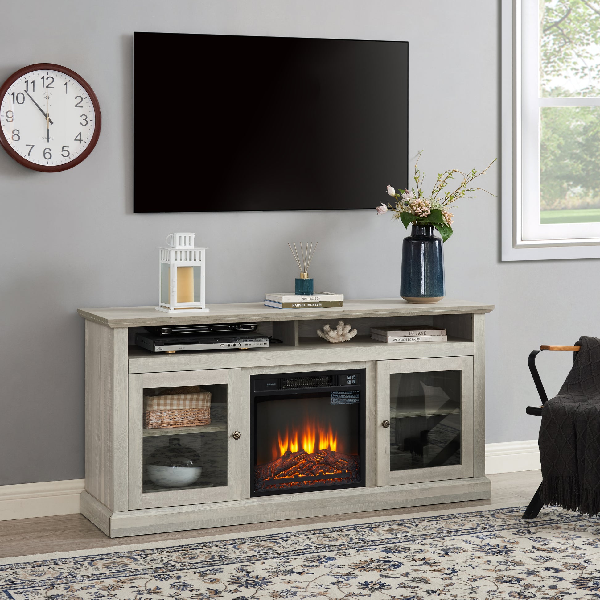 Contemporary Tv Media Stand Modern Entertainment Console With 18" Fireplace Insert For Tv Up To 65" With Open And Closed Storage Space, Stone Gray, 60"W*15.75"D*29"H Stone Gray Primary Living Space 60 69 Inches 60 69 Inches American Traditional 65 Inches