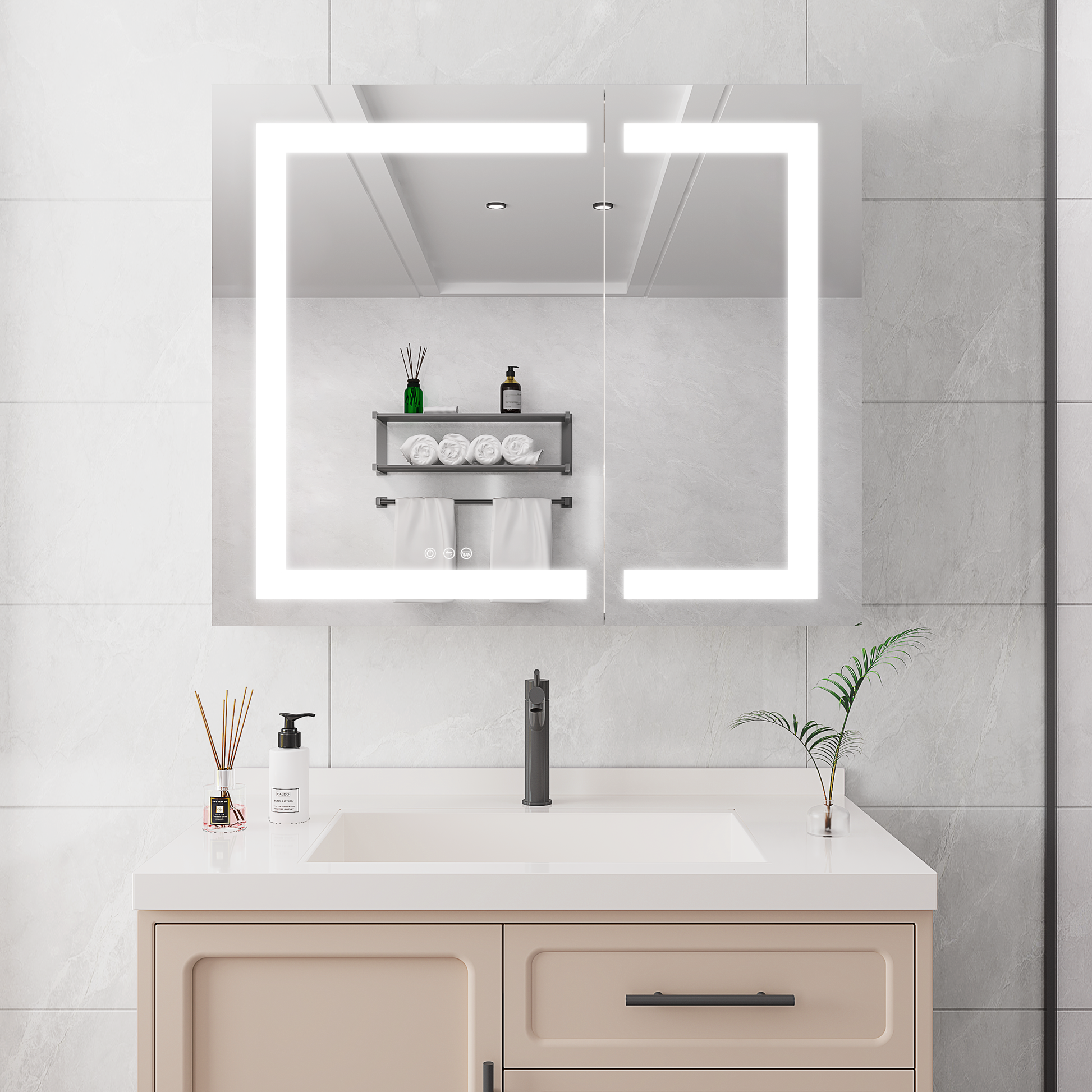 36X30 Inch Medicine Cabinet With Led Vanity Mirror, Anti Fog Recessed Or Surface Mount Bathroom Double Door Large Storage 3000K 6000K Bright Lighted Aluminum Storage Cabinet With Touch Switch Mirror Included Bathroom Powder Coated 4 Silver 2 3 36 To 47