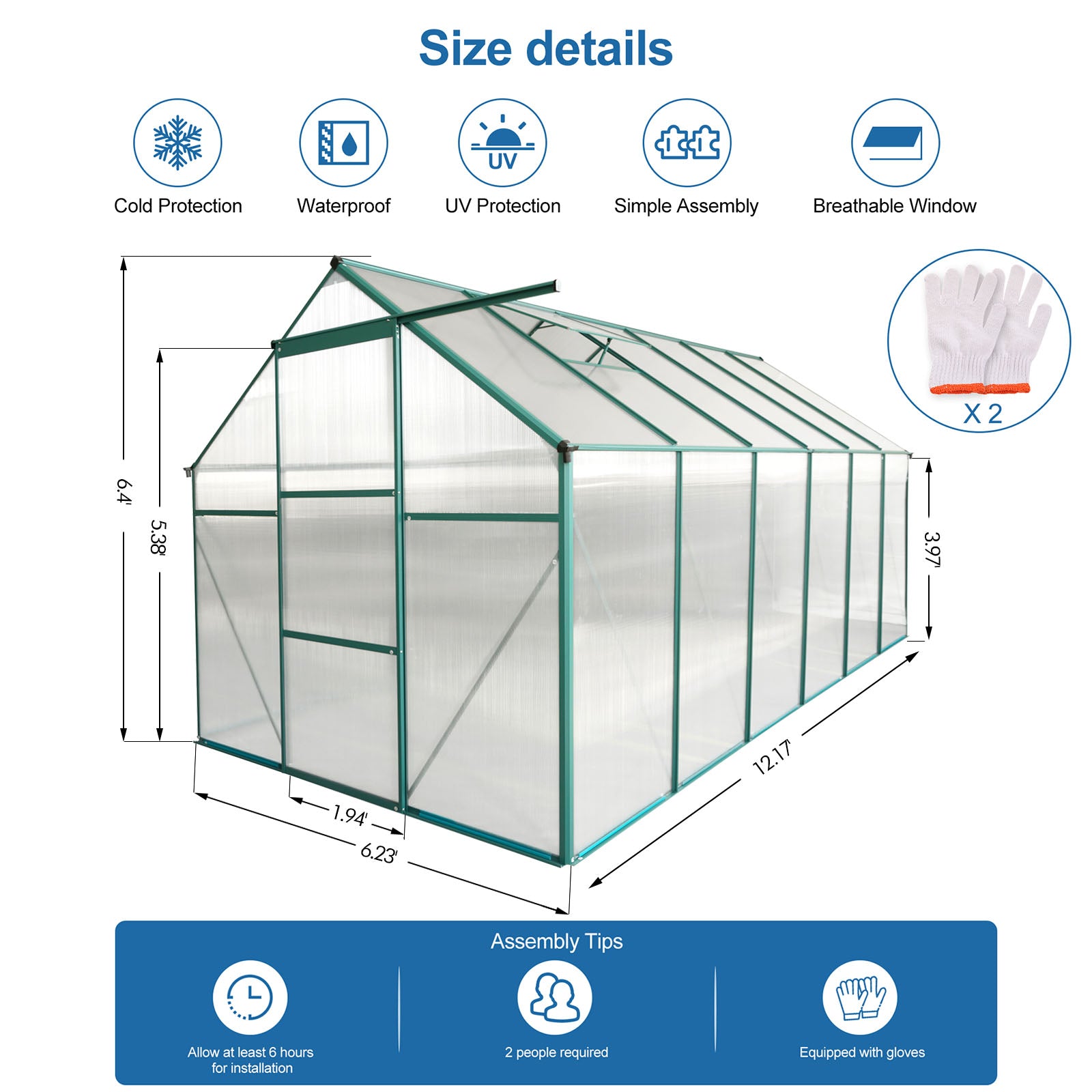 6X12 Ft Polycarbonate Greenhouse Raised Base And Anchor Aluminum Heavy Duty Walk In Greenhouses For Outdoor Backyard In All Season Green Aluminium