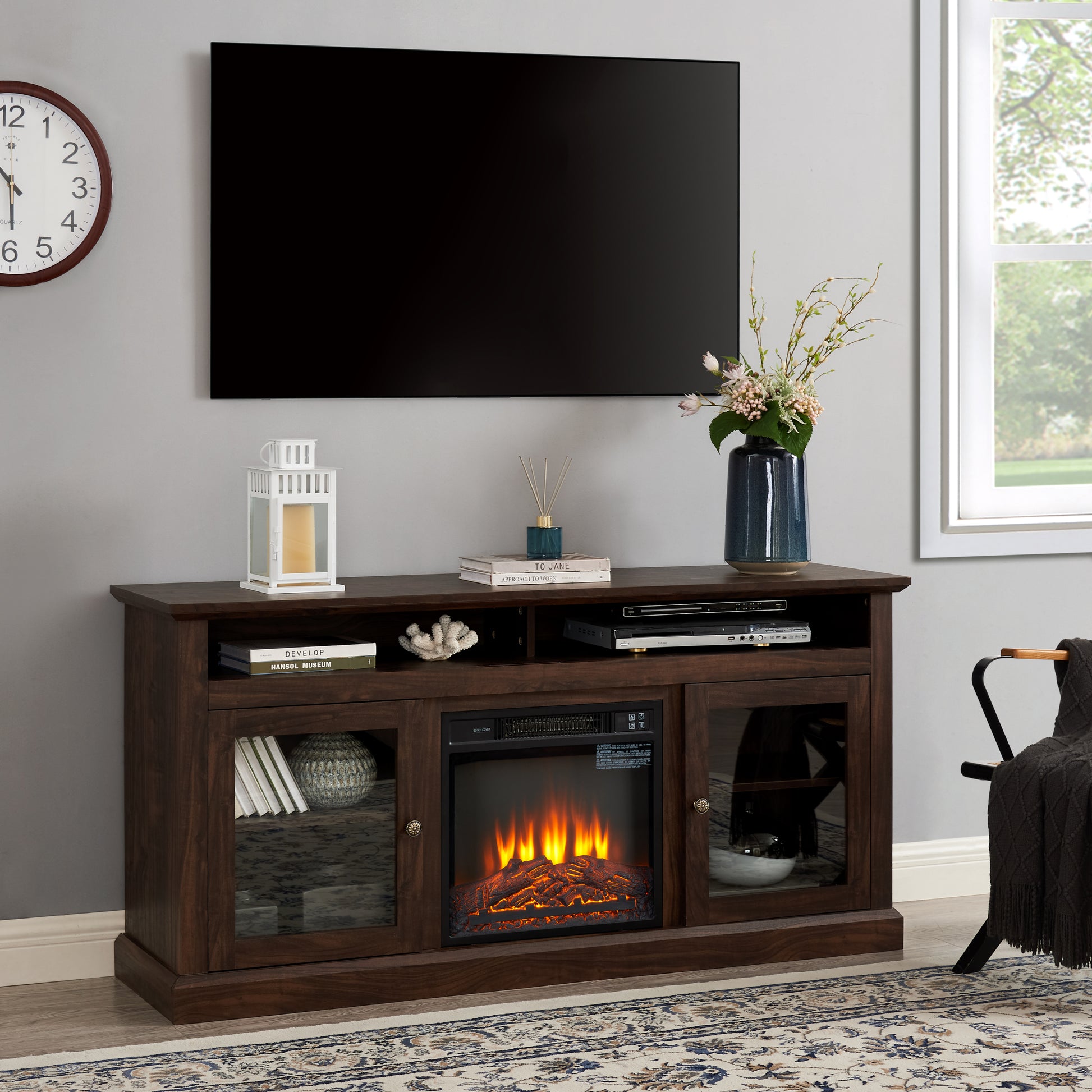 Contemporary Tv Media Stand Modern Entertainment Console With 18" Fireplace Insert For Tv Up To 65" With Open And Closed Storage Space, Brown, 60"W*15.75"D*29"H Brown Primary Living Space 60 69 Inches 60 69 Inches American Traditional 65 Inches Mdf