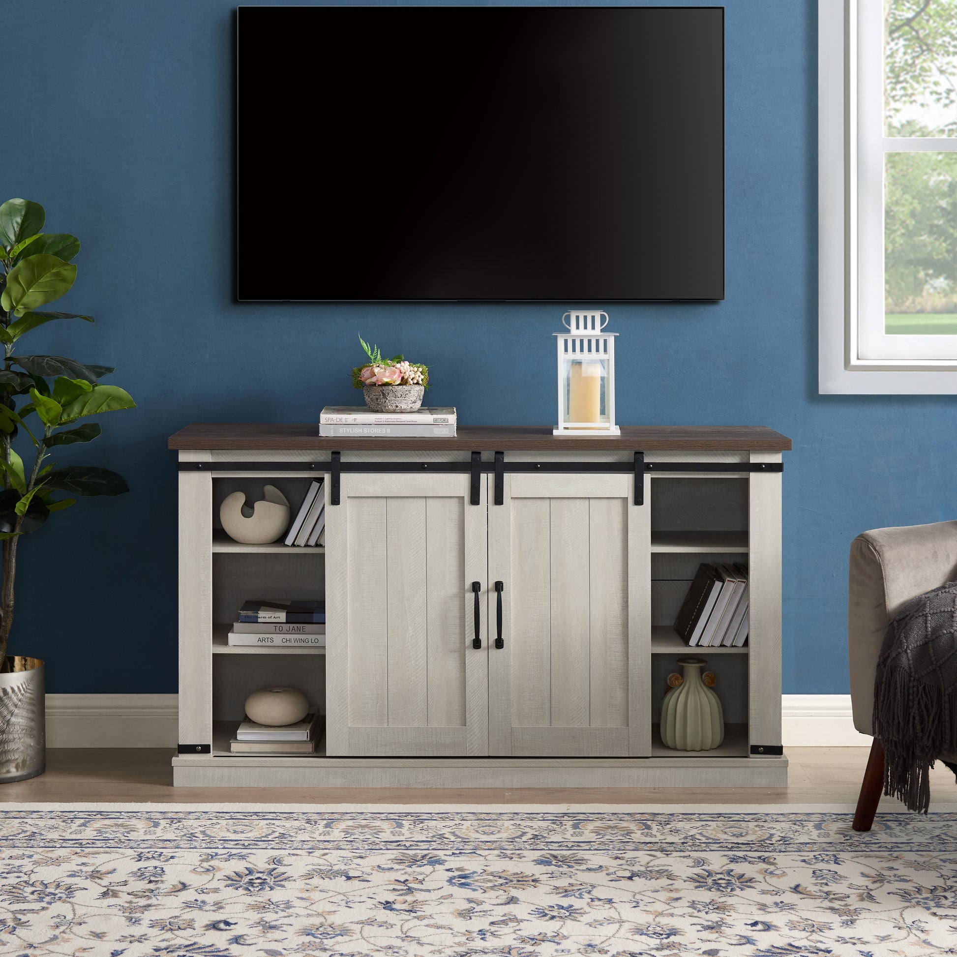 Classic Farmhouse Media Tv Stand Transitional Entertainment Console For Tv Up To 60" With Sliding Doors And Open Storage Space, Light Gray, 54.5"W*15.75"D*30.5"H Light Gray Primary Living Space 60 Inches 50 59 Inches Farmhouse 60 Inches Mdf