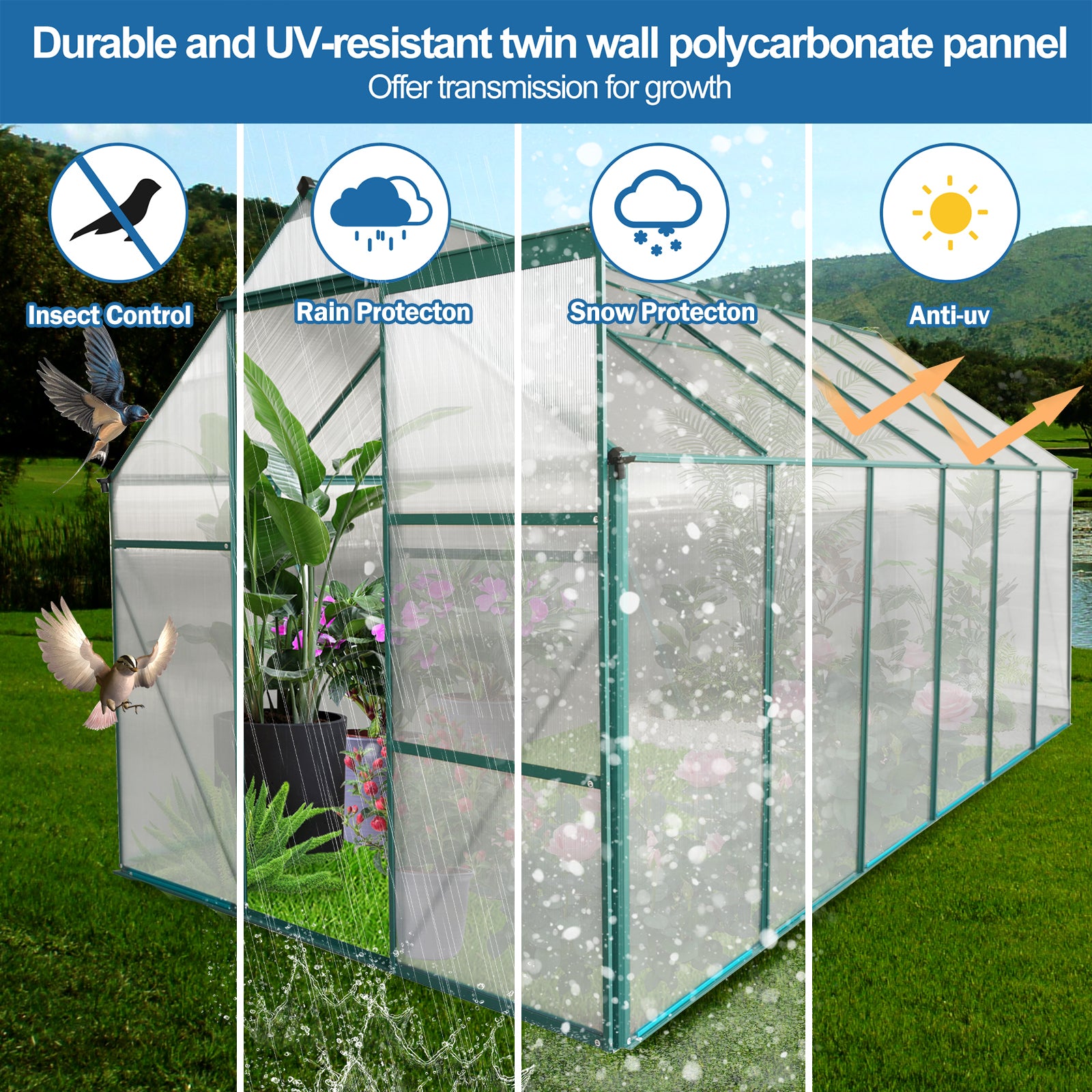 6X12 Ft Polycarbonate Greenhouse Raised Base And Anchor Aluminum Heavy Duty Walk In Greenhouses For Outdoor Backyard In All Season Green Aluminium