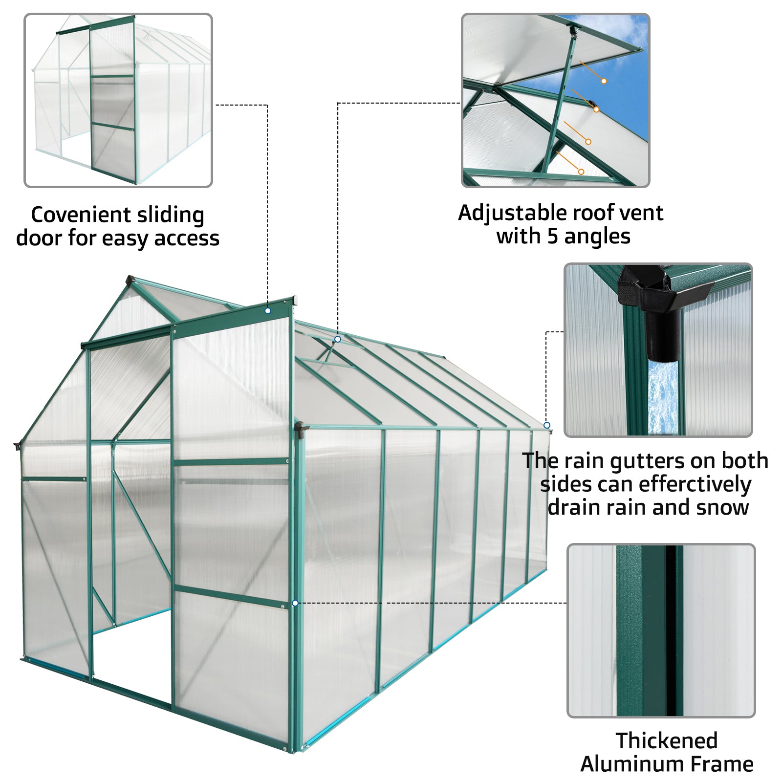 6X12 Ft Polycarbonate Greenhouse Raised Base And Anchor Aluminum Heavy Duty Walk In Greenhouses For Outdoor Backyard In All Season Green Aluminium