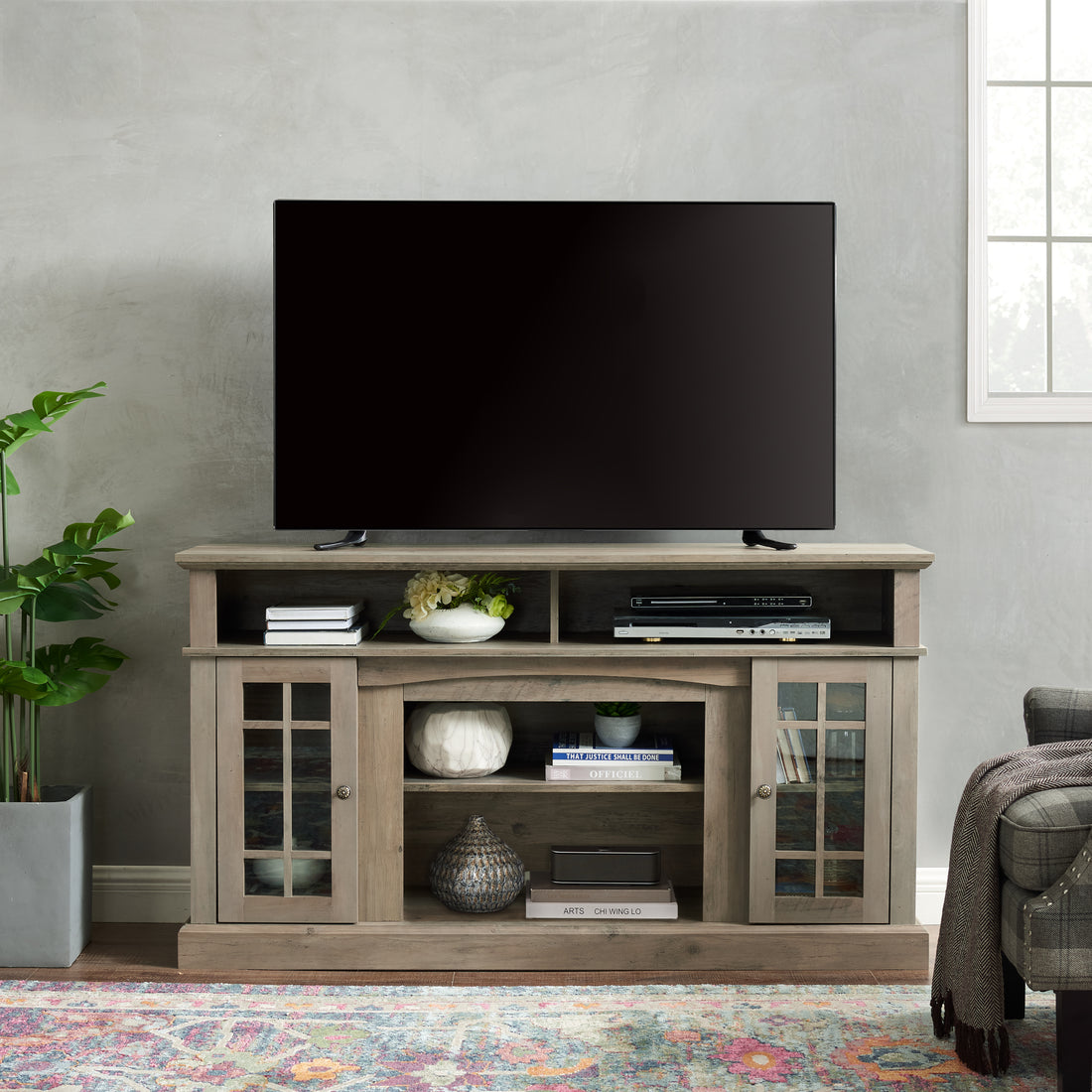 Classic Tv Media Stand Modern Entertainment Console For Tv Up To 65" With Open And Closed Storage Space, Gray Wash, 58.25"W*15.75"D*32"H Gray Wash 65 Inches 60 69 Inches American Traditional 65 Inches Mdf