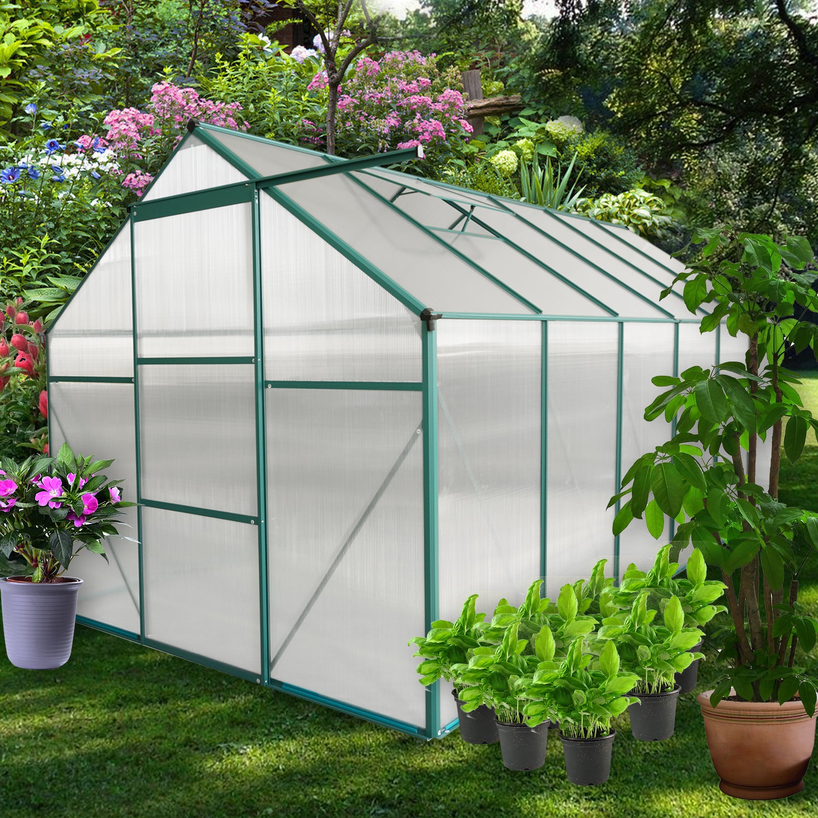 6X12 Ft Polycarbonate Greenhouse Raised Base And Anchor Aluminum Heavy Duty Walk In Greenhouses For Outdoor Backyard In All Season Green Aluminium