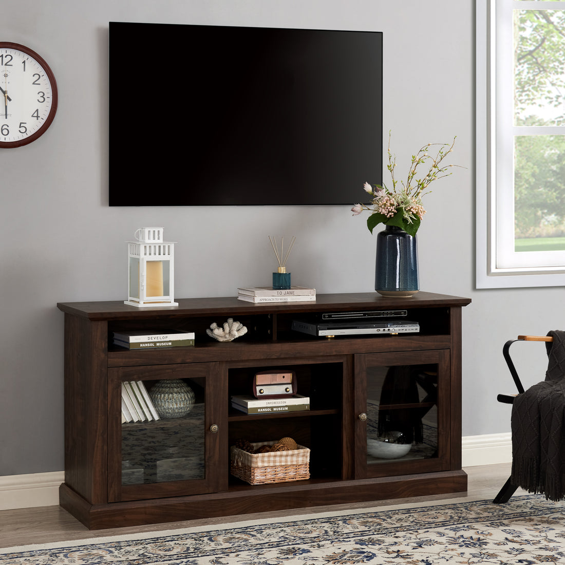 Contemporary Tv Media Stand Modern Entertainment Console For Tv Up To 65" With Open And Closed Storage Space, Brown, 60"W*15.75"D*29"H Brown Primary Living Space 60 Inches 60 69 Inches American Traditional 65 Inches Mdf