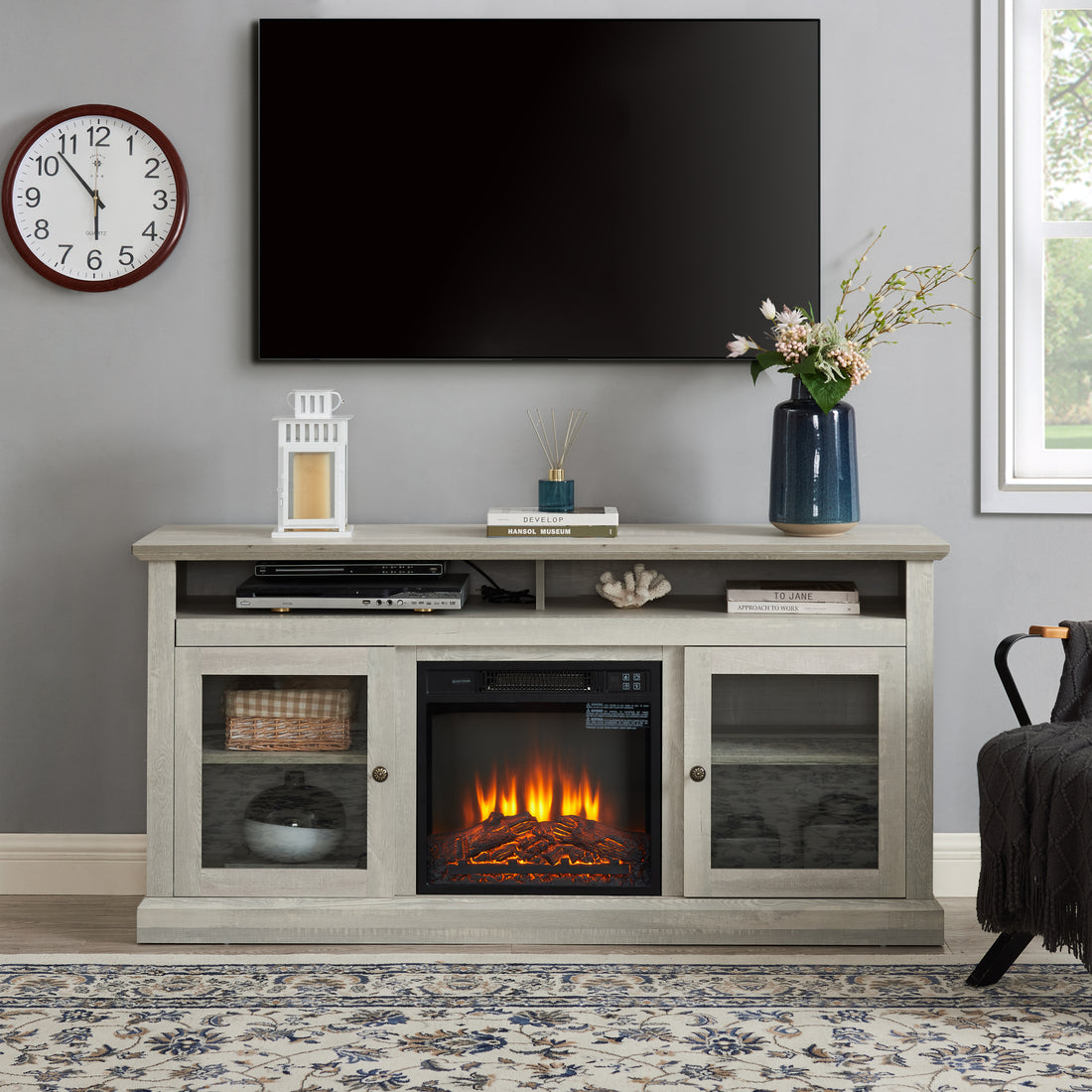 Contemporary Tv Media Stand Modern Entertainment Console With 18" Fireplace Insert For Tv Up To 65" With Open And Closed Storage Space, Stone Gray, 60"W*15.75"D*29"H Stone Gray Primary Living Space 60 69 Inches 60 69 Inches American Traditional 65 Inches