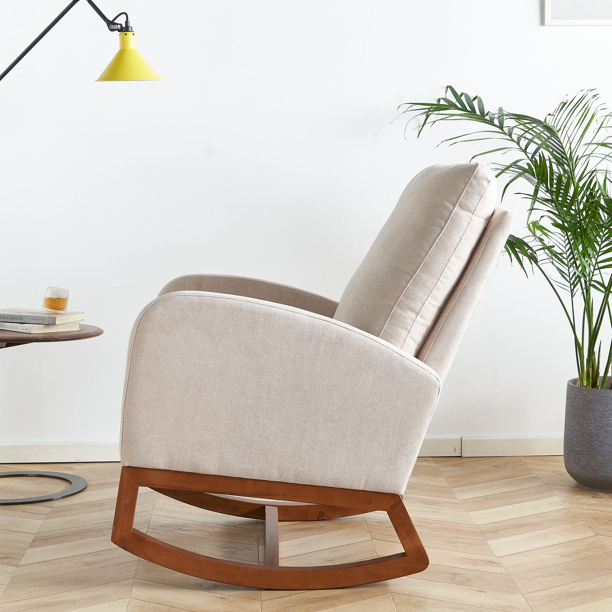 27.56'' Wide Linen Rocking Chair Accent Chair In Beige Color Beige Brown Primary Living Space Modern Rubberwood Foam Linen