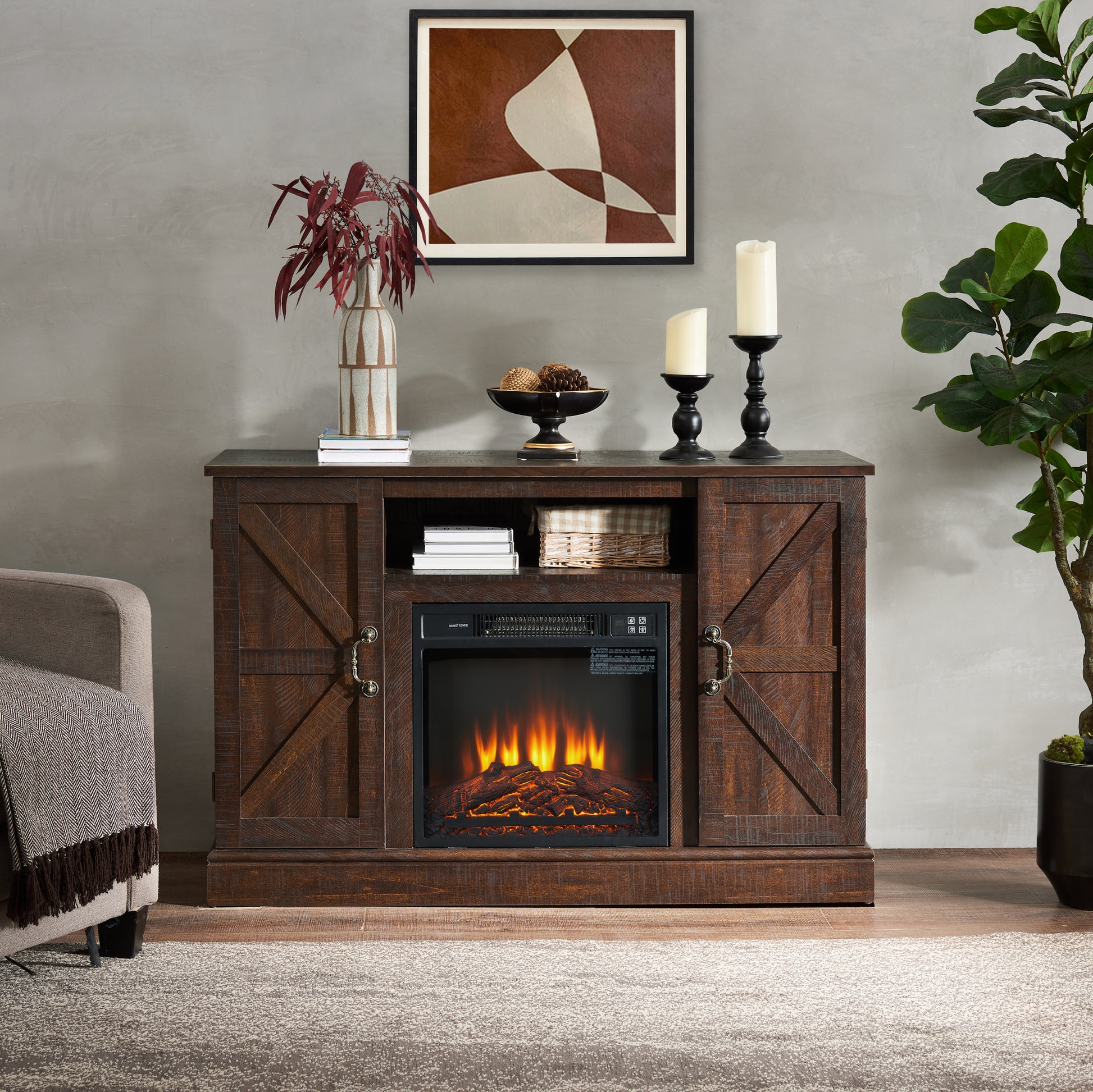 Farmhouse Classic Media Tv Stand Antique Entertainment Console For Tv Up To 50" With 18" Electric Fireplace Insert With Open And Closed Storage Space, Espresso 47"W*15.5"D*30.75"H Espresso Primary Living Space 50 Inches 40 49 Inches Farmhouse 50 Inches