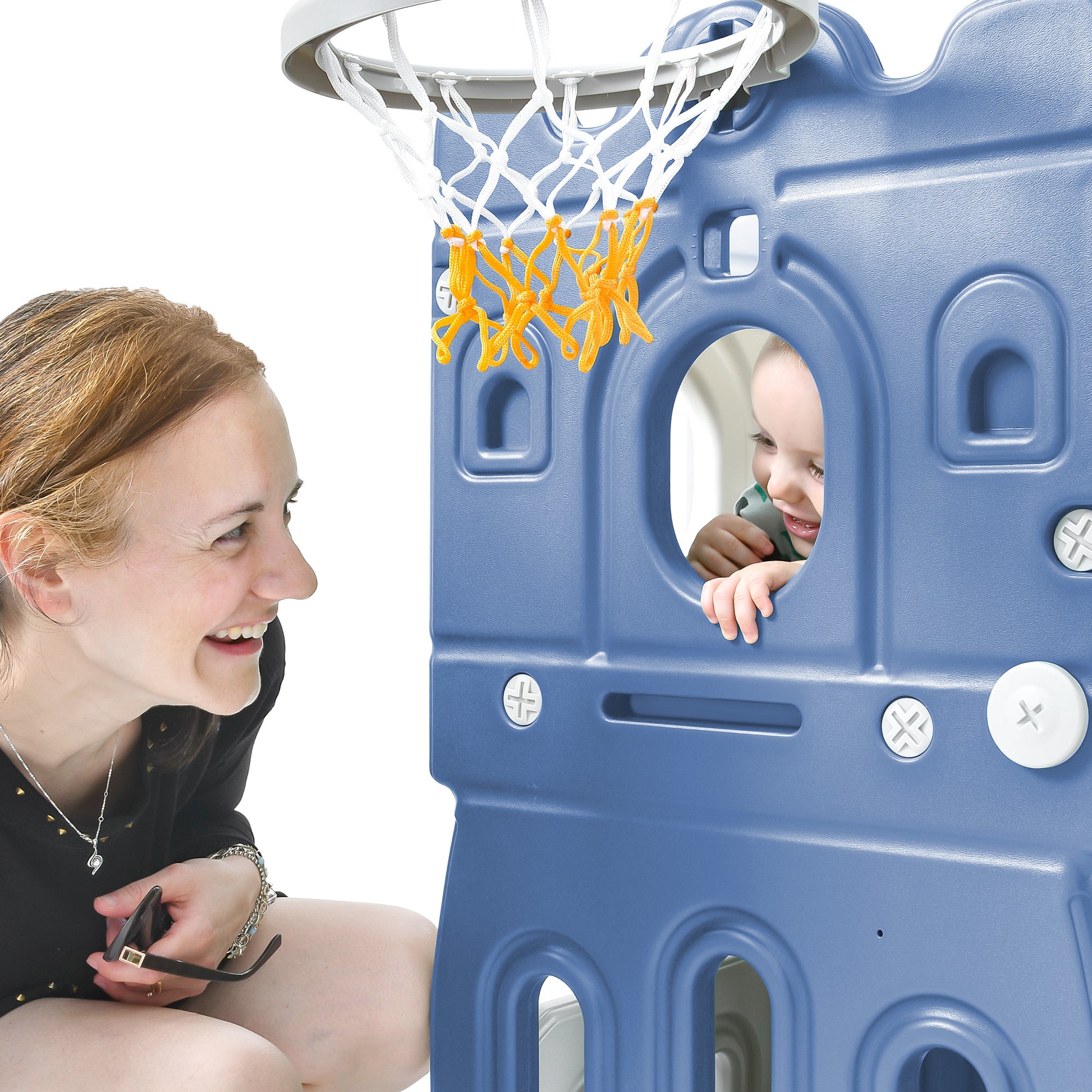 Kids Slide Playset Structure, Freestanding Castle Climber With Slide And Basketball Hoop, Toy Storage Organizer For Toddlers, Kids Climbers Playhouse For Indoor Outdoor Playground Activity. Blue Hdpe