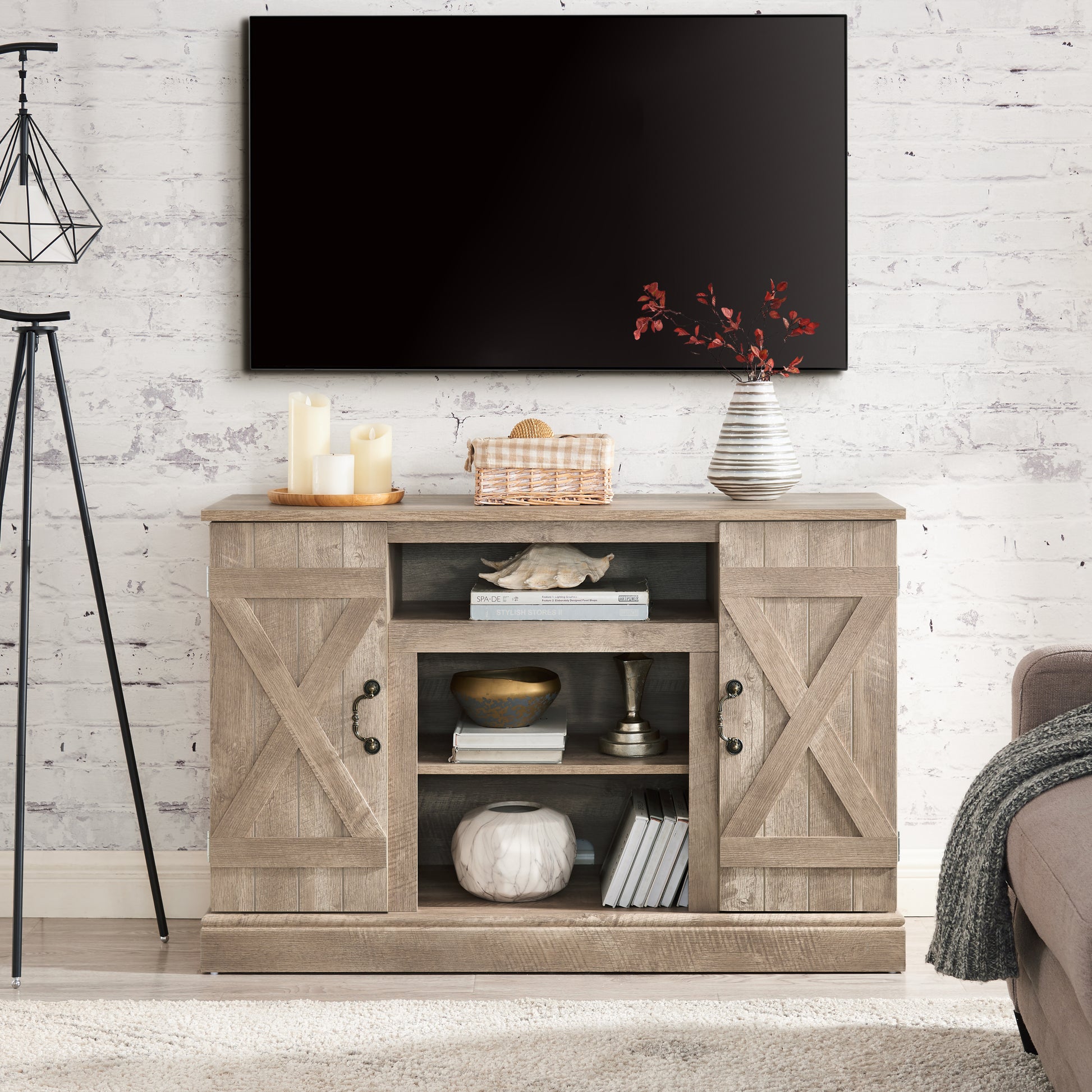 Farmhouse Classic Media Tv Stand Antique Entertainment Console For Tv Up To 50" With Open And Closed Storage Space, Ashland Pine, 47"W*15.5"D*30.75"H Light Gray Primary Living Space 50 Inches 40 49 Inches Farmhouse 50 Inches Mdf