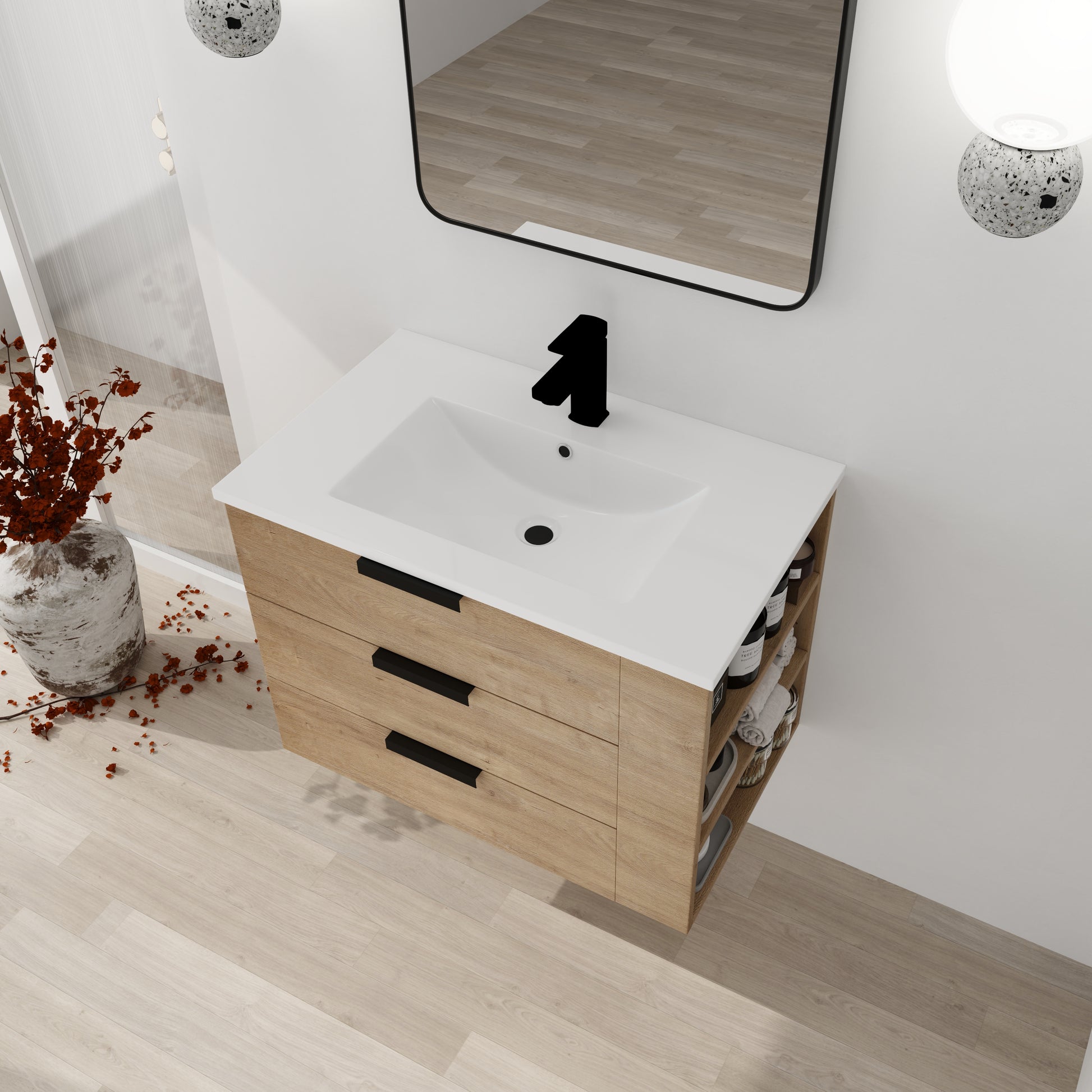 30 Inch Wall Mounting Bathroomg Vanity With Sink, Soft Close Drawer And Side Shelf G Bvb01430Imo Grb3020Mowh Imitative Oak Plywood