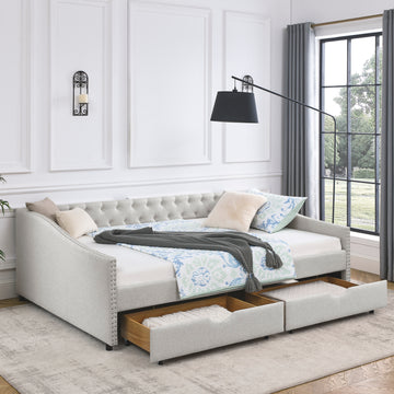 Queen Size Daybed With Drawers Upholstered Tufted Sofa Bed,With Button On Back And Copper Nail On Waved Shape Arms, Beige 84.5"X63.5"X26.5" Beige Linen