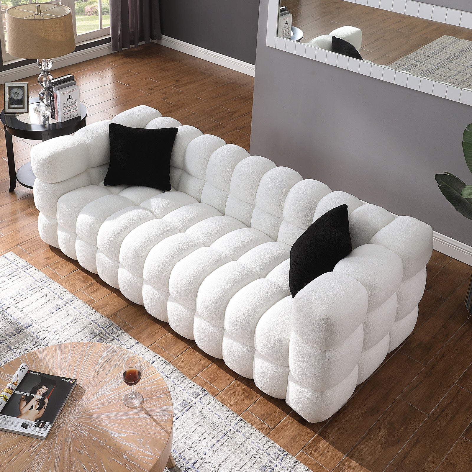 84.3 62.2 Length ,35.83" Deepth ,Human Body Structure For Usa People, Marshmallow Sofa,Boucle Sofa ,White Color,3 Seater. Sofa And Seater White Light Brown Wood Primary Living Space Medium Soft Split Back Eucalyptus Square Arms Boucle 5 Seat
