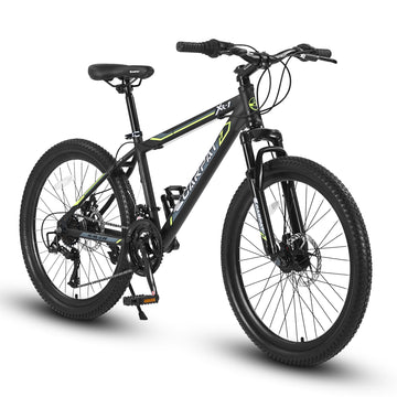 S2410224 Inch Mountain Bike Boys Girls, Steel Frame, Shimano 21 Speed Mountain Bicycle With Daul Disc Brakes And Front Suspension Mtb Green Steel