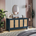 Handcrafted Premium Grain Panels,Rattan Sideboard Buffer Cabinet,Accent Storage Cabinet With 4 Rattan Doors, Modern Storage Cupboard Console Table With Adjustable Shelves For Living Room ,Blue Antique Navy Blue Mdf