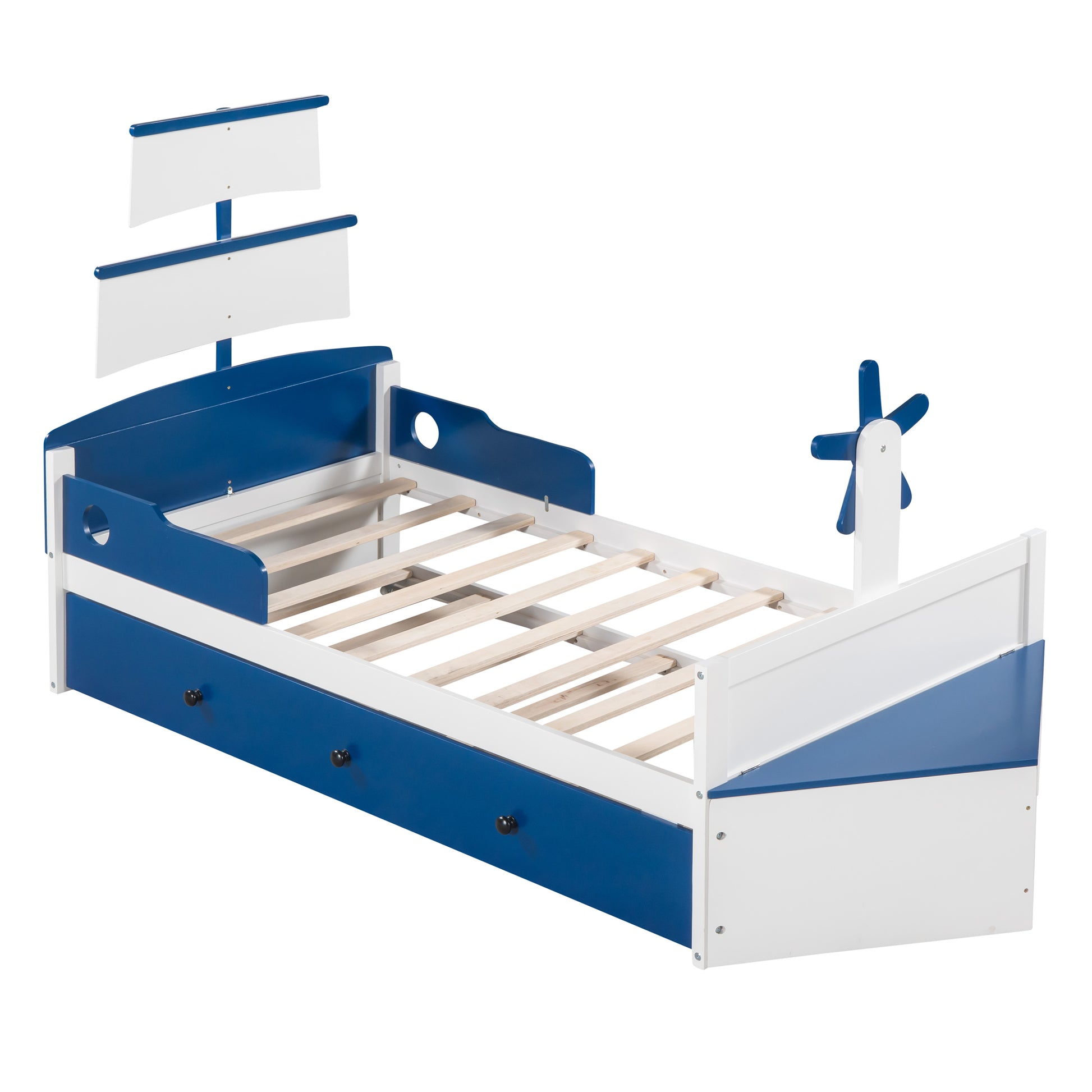 Twin Size Boat Shaped Platform Bed With Twin Size Trundle,Twin Bed With Storage For Bedroom,Blue Blue Wood