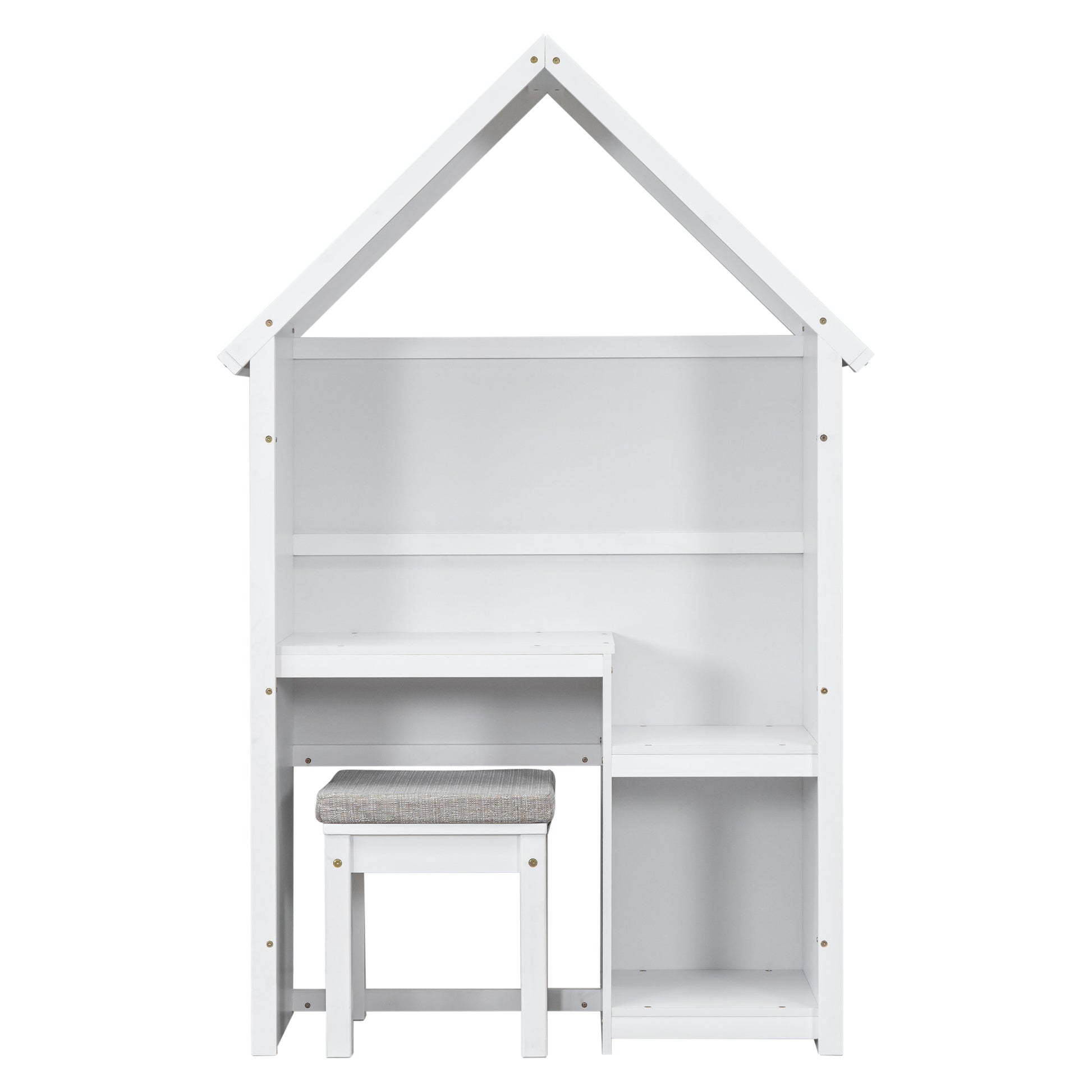 House Shaped Kids Desk With A Cushion Stool,House Style Desk And Stool Set,White White Bedroom American Design Pine Pine