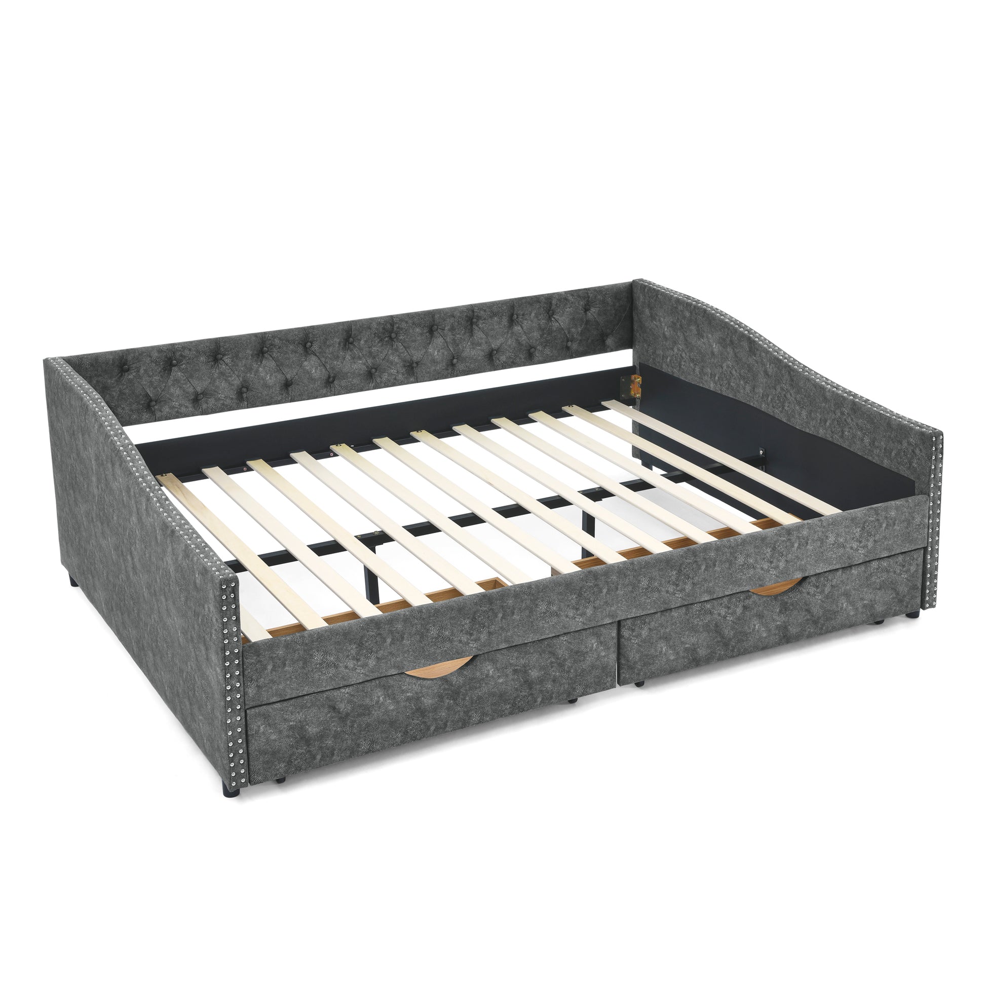 Queen Size Daybed With Drawers Upholstered Tufted Sofa Bed,With Button On Back And Copper Nail On Waved Shape Arms, Grey 84.5"X63.5"X26.5" Grey Polyester