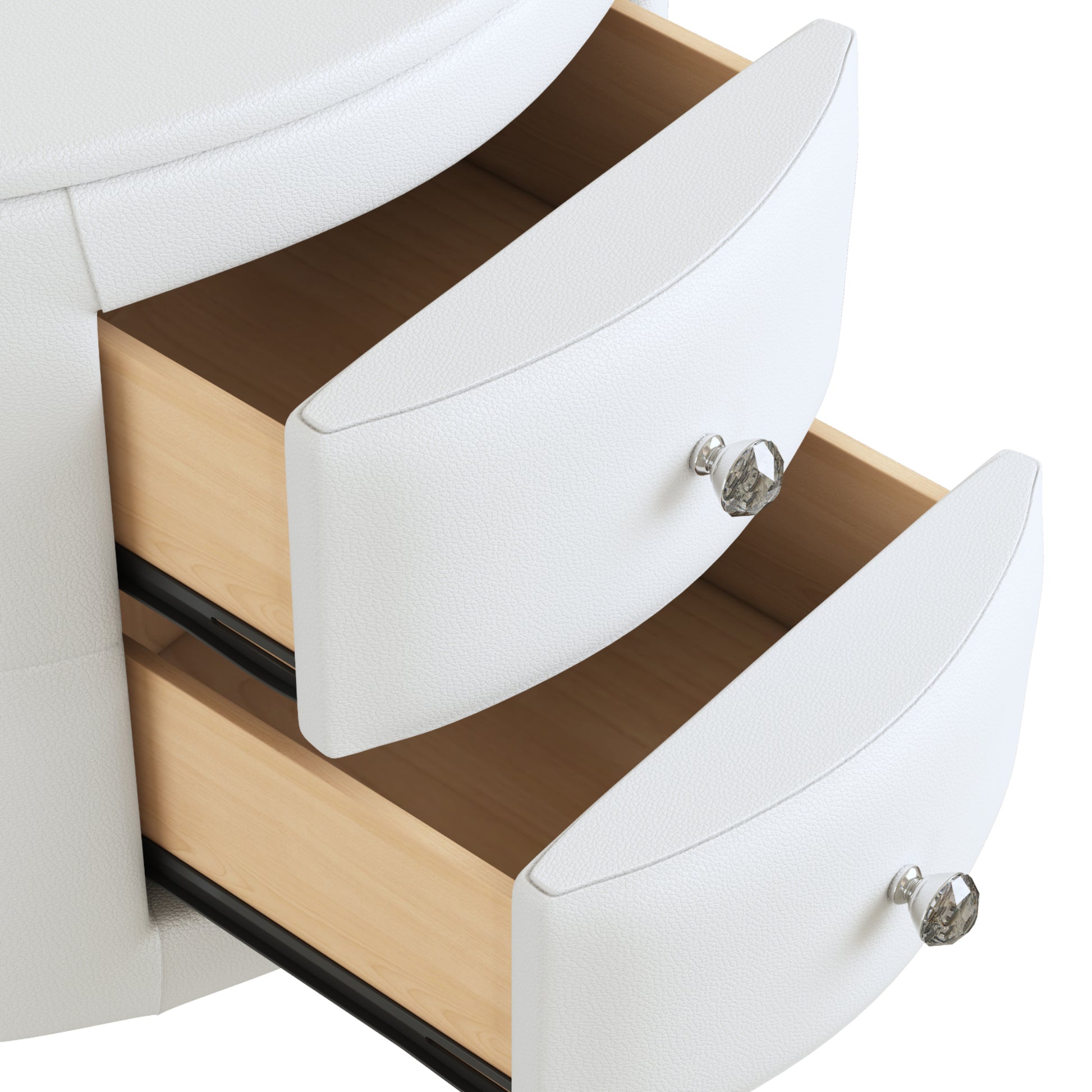 Elegant Pu Nightstand With 2 Drawers And Crystal Handle,Fully Assembled Except Legs&Handles,Storage Bedside Table White White Pu