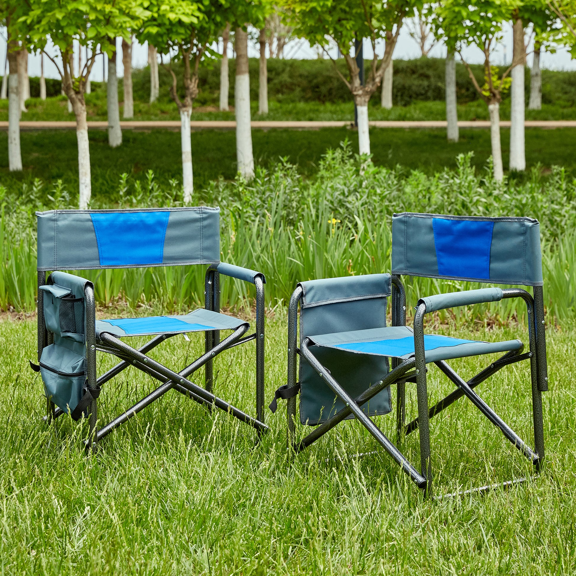 2 Piece Padded Folding Outdoor Chair With Storage Pockets,Lightweight Oversized Directors Chair For Indoor, Outdoor Camping, Picnics And Fishing,Blue Grey Blue Grey Steel