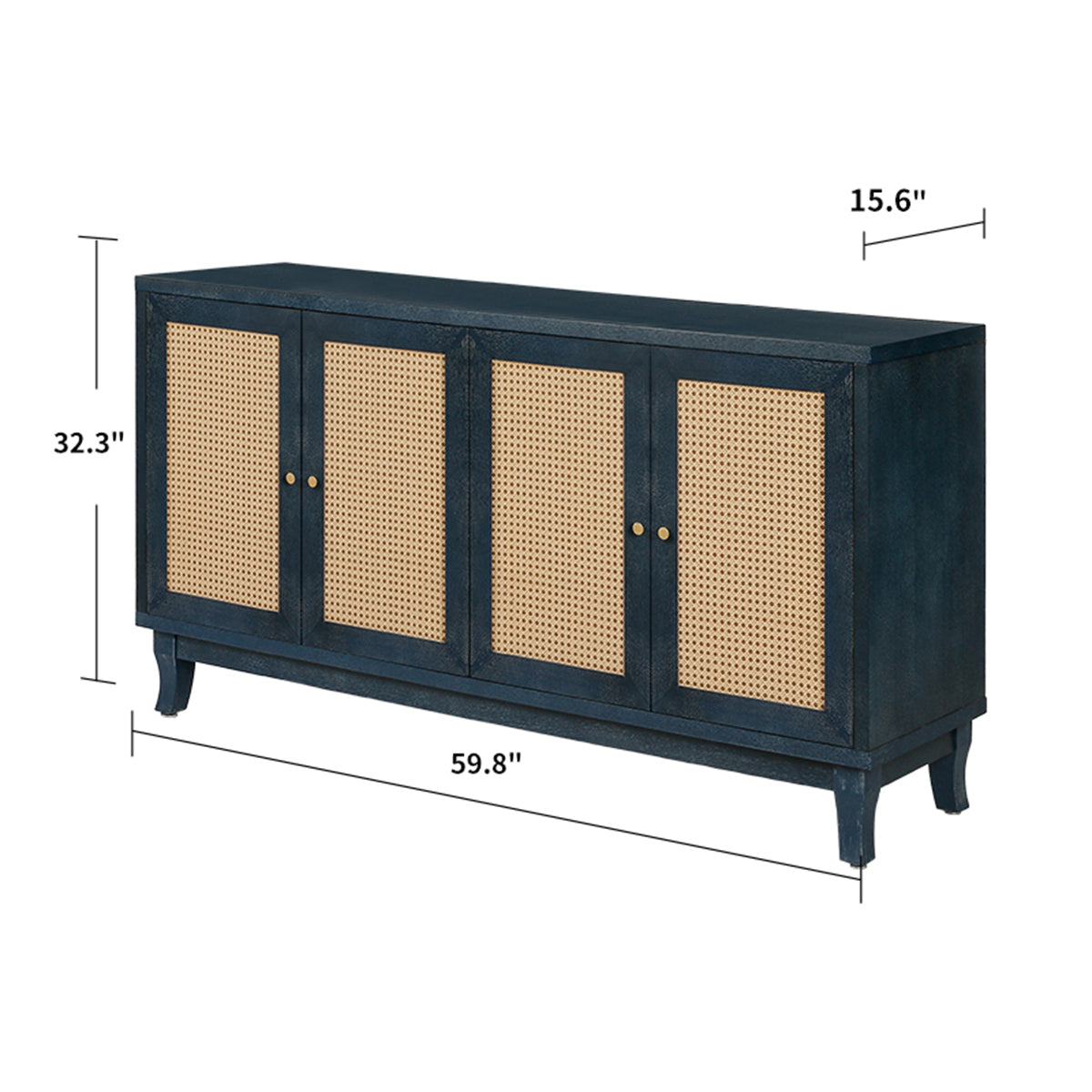 Handcrafted Premium Grain Panels,Rattan Sideboard Buffer Cabinet,Accent Storage Cabinet With 4 Rattan Doors, Modern Storage Cupboard Console Table With Adjustable Shelves For Living Room ,Blue Antique Navy Blue Mdf