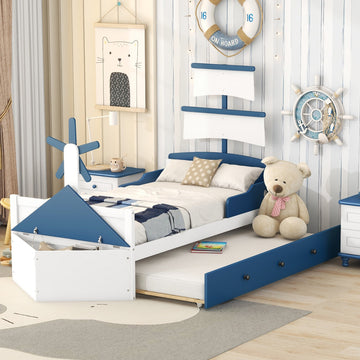 Twin Size Boat Shaped Platform Bed With Twin Size Trundle,Twin Bed With Storage For Bedroom,Blue Blue Wood