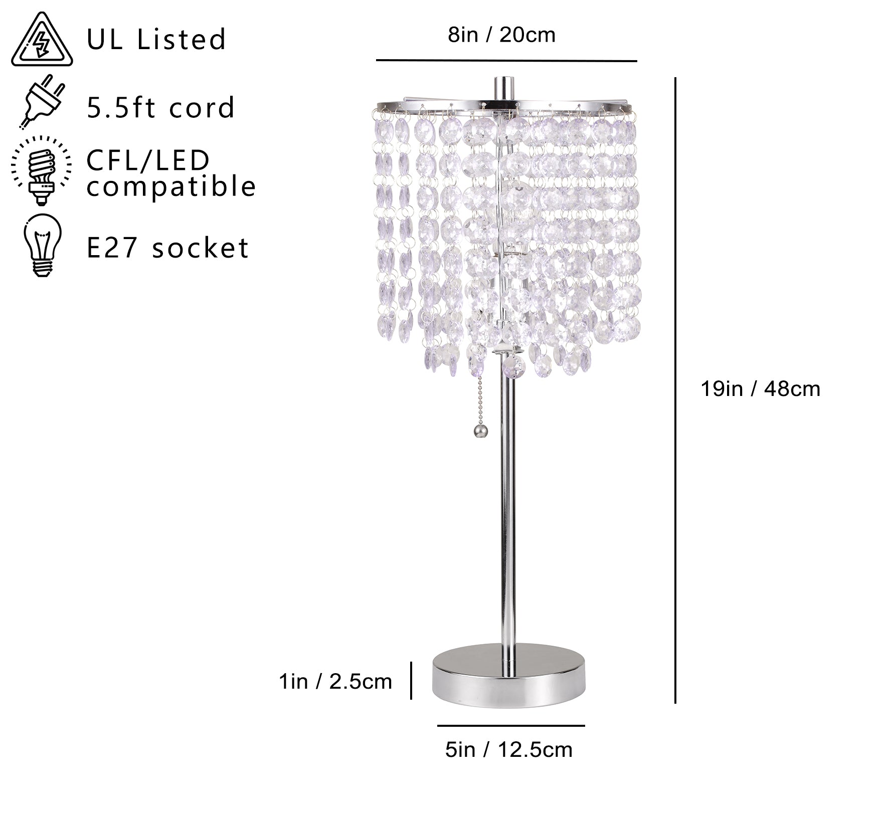 19"H Chrome Crystal Inspired Pull Table Lamp 1Pc Ctn 0.43 4.22 Chrome Metal