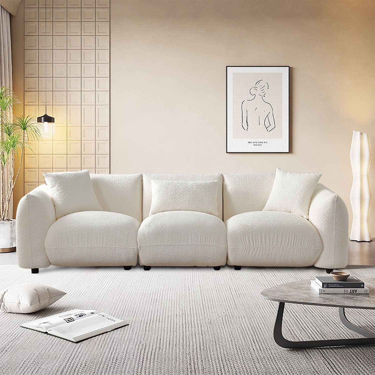 Mid Century Modern Couch 3 Seater Sofa For Livingroom, Beige Beige Boucle