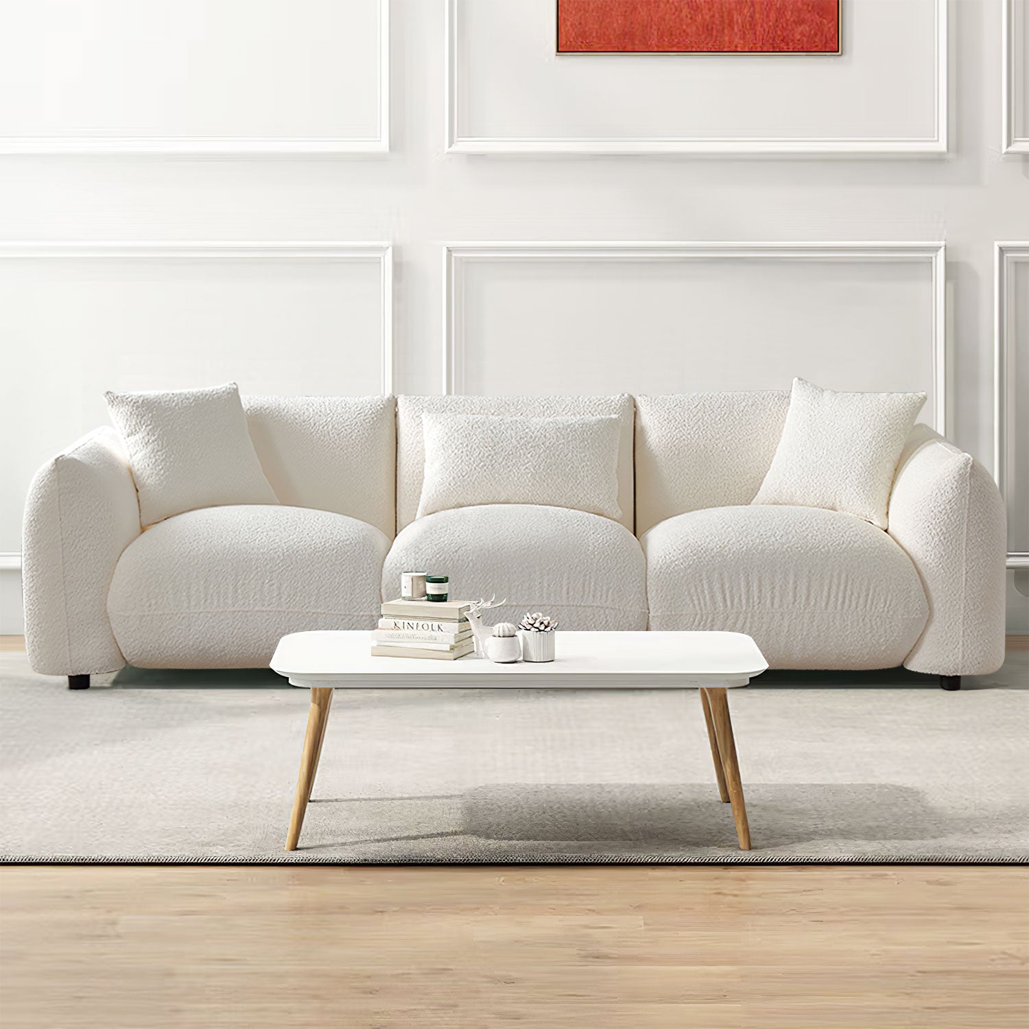 Mid Century Modern Couch 3 Seater Sofa Upholstered For Living Room, Bedroom, Beige Beige Boucle