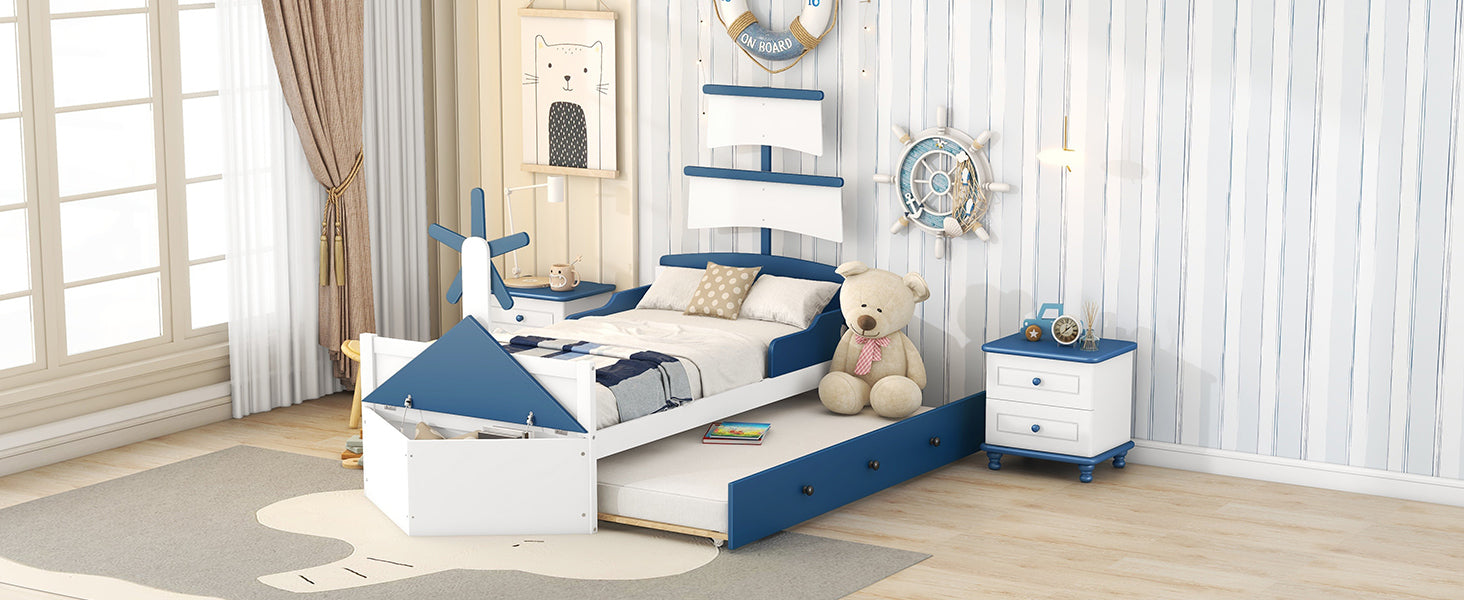 Twin Size Boat Shaped Platform Bed With Twin Size Trundle,Twin Bed With Storage For Bedroom,Blue Blue Wood