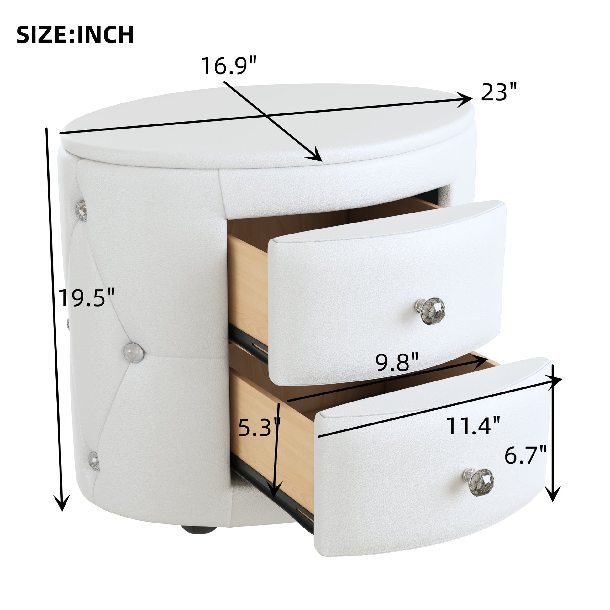 Elegant Pu Nightstand With 2 Drawers And Crystal Handle,Fully Assembled Except Legs&Handles,Storage Bedside Table White White Pu