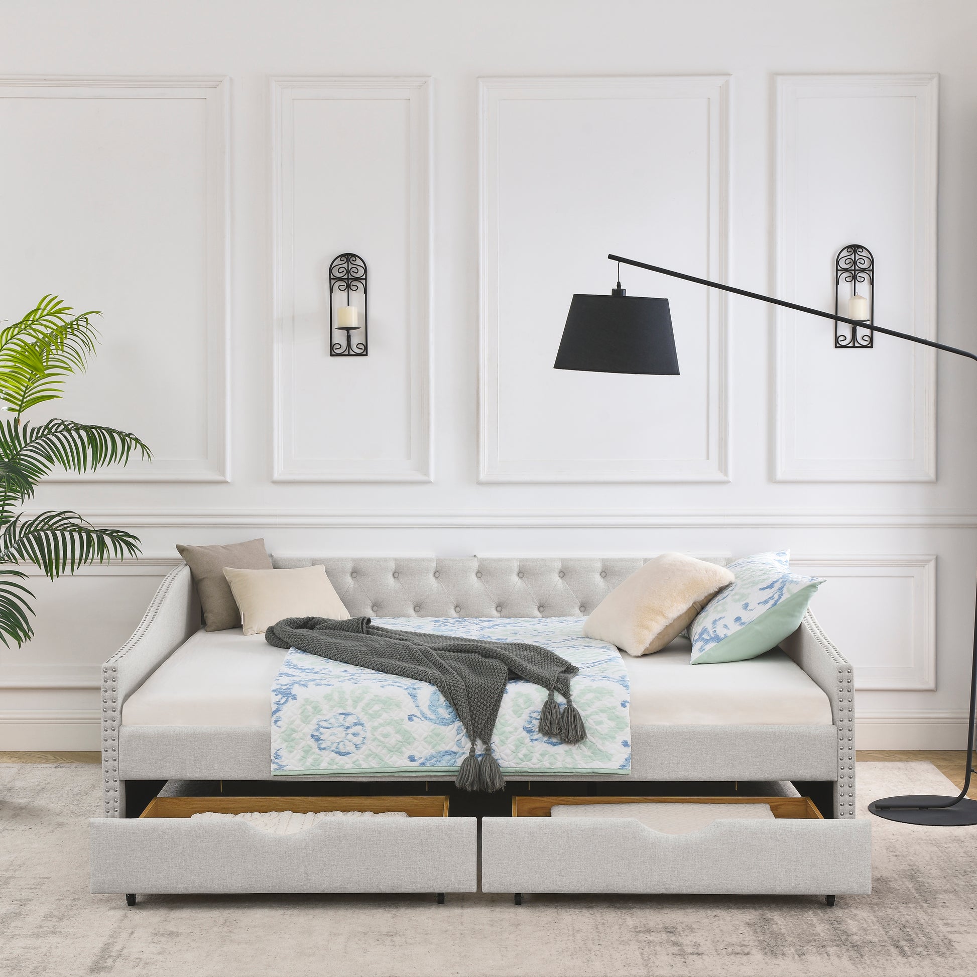 Queen Size Daybed With Drawers Upholstered Tufted Sofa Bed,With Button On Back And Copper Nail On Waved Shape Arms, Beige 84.5"X63.5"X26.5" Beige Linen