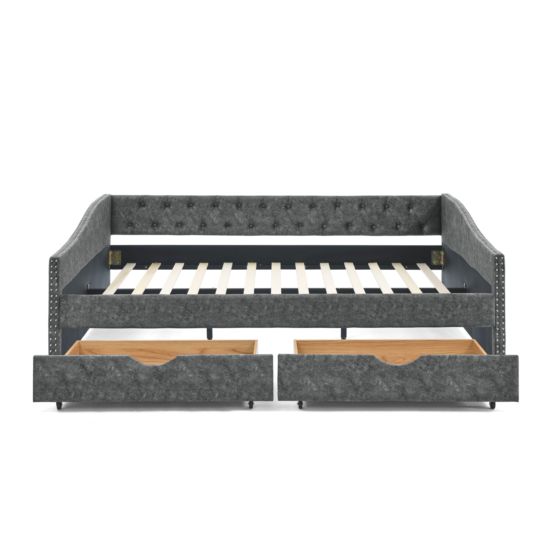 Queen Size Daybed With Drawers Upholstered Tufted Sofa Bed,With Button On Back And Copper Nail On Waved Shape Arms, Grey 84.5"X63.5"X26.5" Grey Polyester