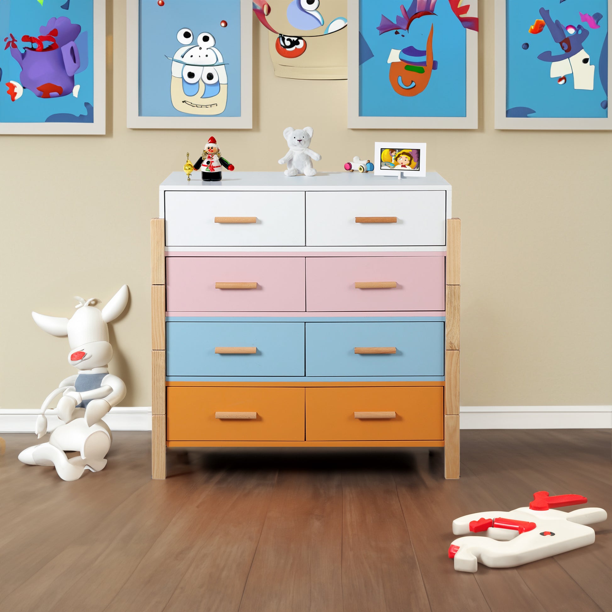 The Colorful Free Combination Cabinet Dresser Cabinet Bar Cabinet, Storge Cabinet, Lockers,Solid Woodhandle, Can Be Placed In The Living Room, Bedroom, Dining Room Color White, Blue Orange Pink 5 Or More Drawers White Blue Primary Living Space Distressed