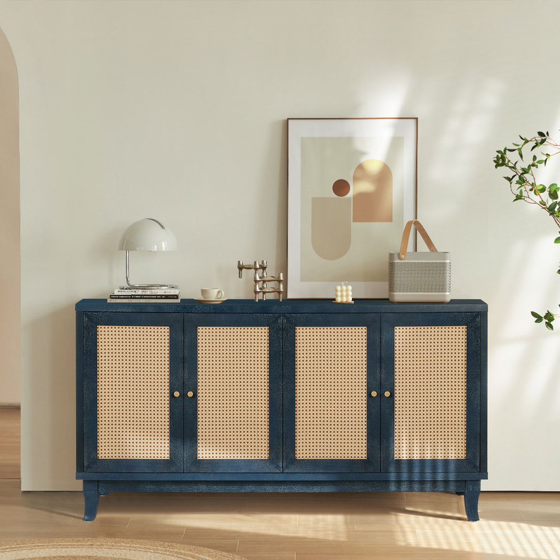 Handcrafted Premium Grain Panels,Rattan Sideboard Buffer Cabinet,Accent Storage Cabinet With 4 Rattan Doors, Modern Storage Cupboard Console Table With Adjustable Shelves For Living Room ,Blue Antique Navy Blue Mdf