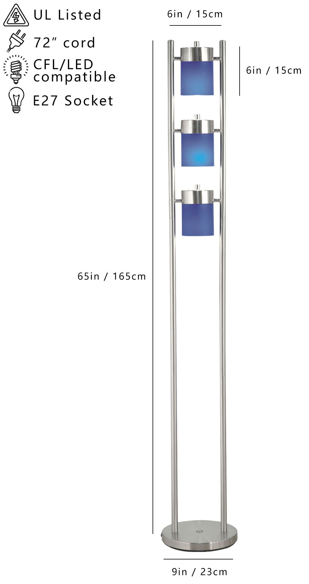 65"H 3 Blue Head With Two Way Adjustable Floor Lamp 1 Pc Ctn 1.10 Cu Ft 12.32 G.W. Lbs Blue Metal