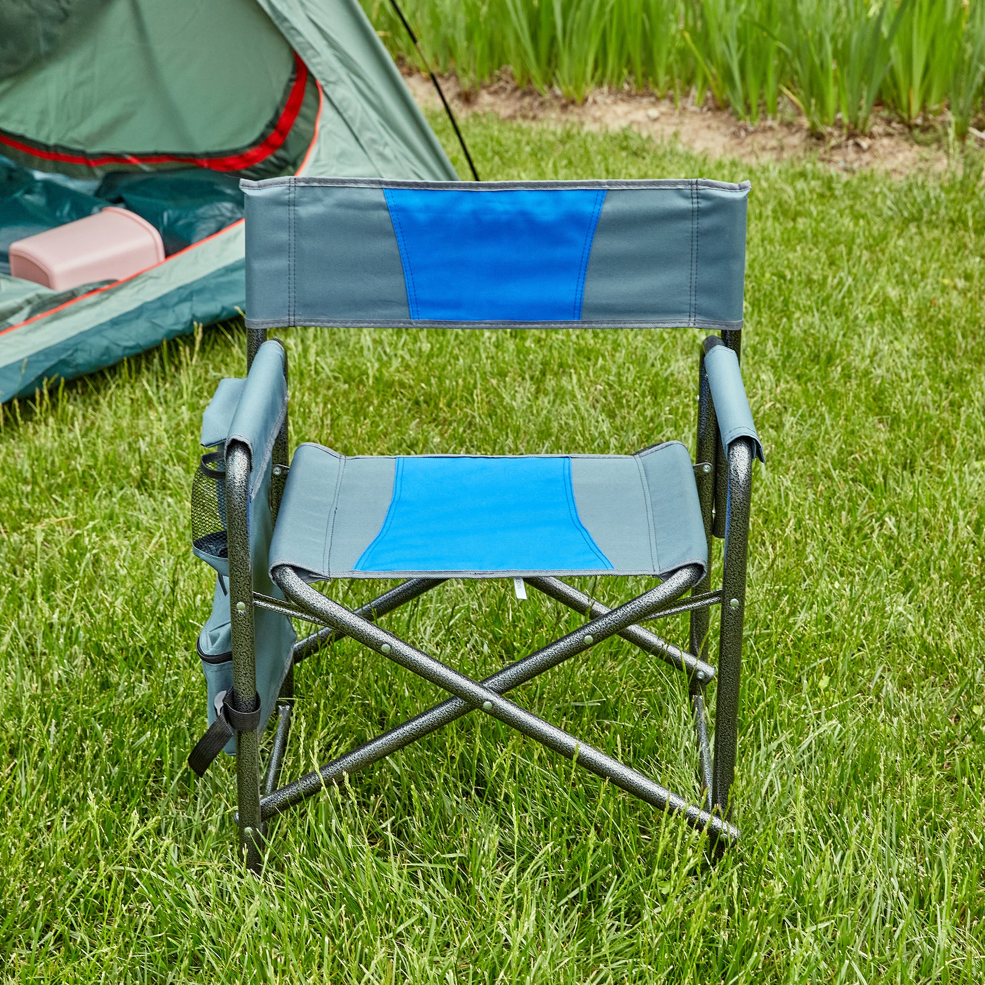 1 Piece Padded Folding Outdoor Chair With Storage Pockets,Lightweight Oversized Directors Chair For Indoor, Outdoor Camping, Picnics And Fishing,Blue Grey Blue Grey Steel