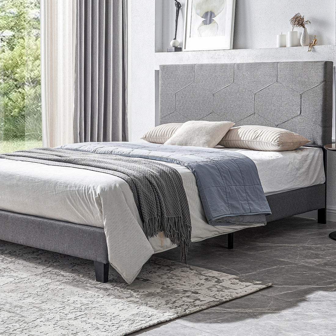 Queen Size Upholstered Platform Bed Frame ,Wood Slat Support, Easy Assembly,Grey Grey Linen