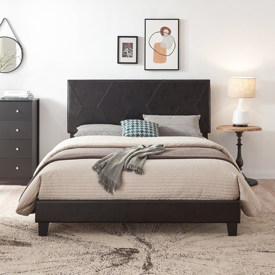 Queen Size Upholstered Platform Bed Frame ,Wood Slat Support, Easy Assembly,Black, Pu Black Pu Pu