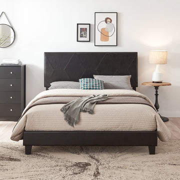 Queen Size Upholstered Platform Bed Frame ,Wood Slat Support, Easy Assembly,Black, Pu Black Pu Pu