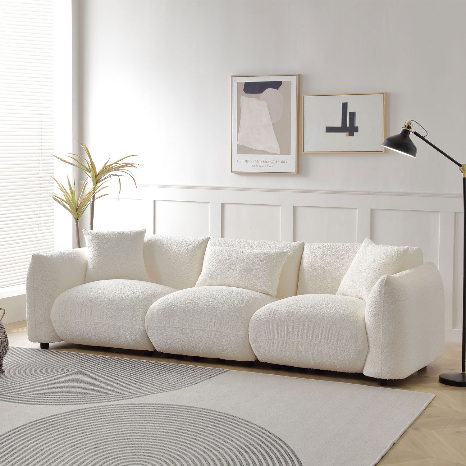 Mid Century Modern Couch 3 Seater Sofa Upholstered For Living Room, Bedroom, Beige Beige Boucle