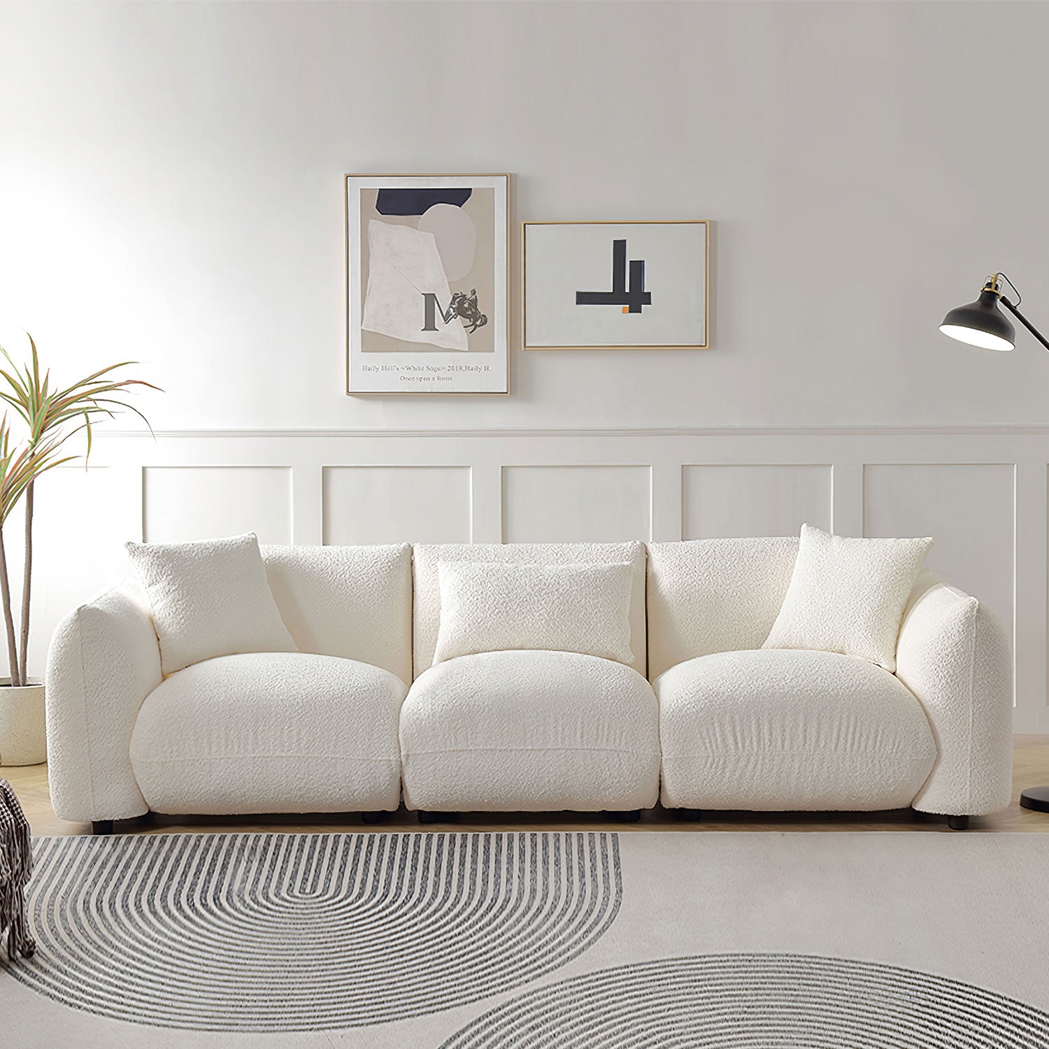 Mid Century Modern Couch 3 Seater Sofa Upholstered For Living Room, Bedroom, Beige Beige Boucle