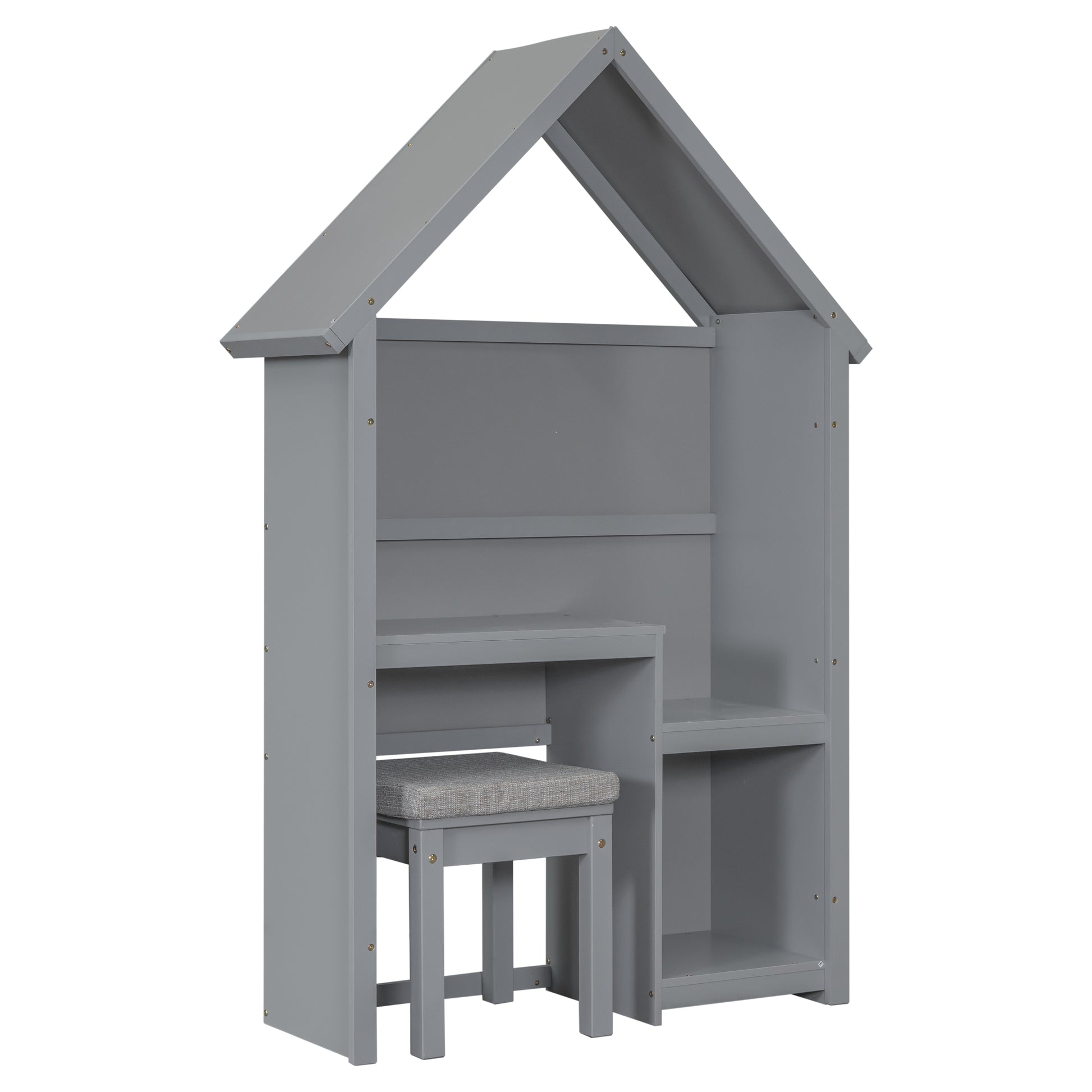 House Shaped Kids Desk With A Cushion Stool,House Style Desk And Stool Set,Grey Grey Bedroom American Design Pine Pine