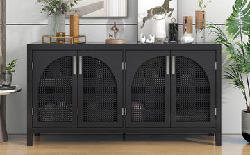 Large Storage Space Sideboard With Artificial Rattan Door And Metal Handles For Living Room And Entryway Black Black Solid Wood Mdf