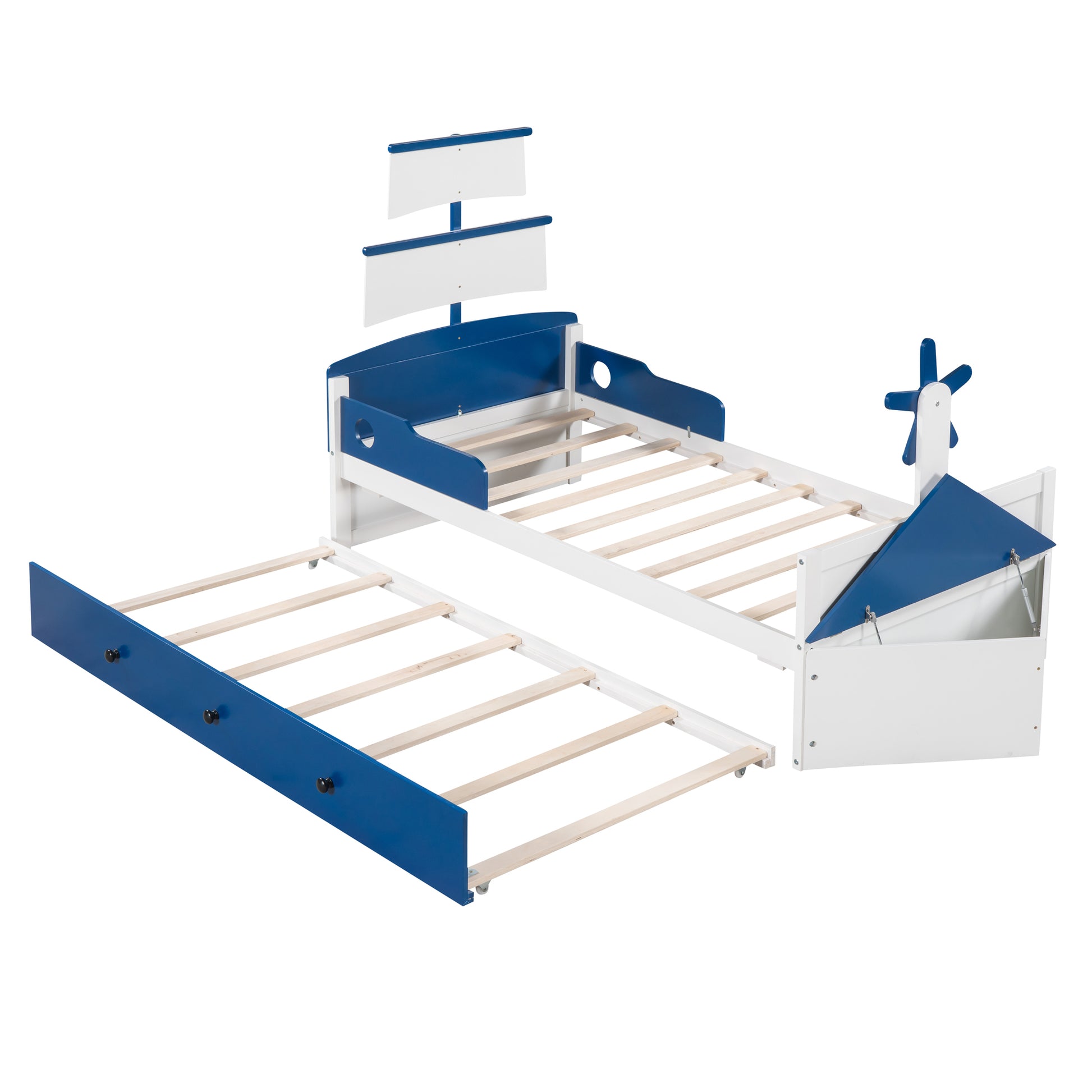 Twin Size Boat Shaped Platform Bed With Twin Size Trundle,Twin Bed With Storage For Bedroom,Blue Blue Wood