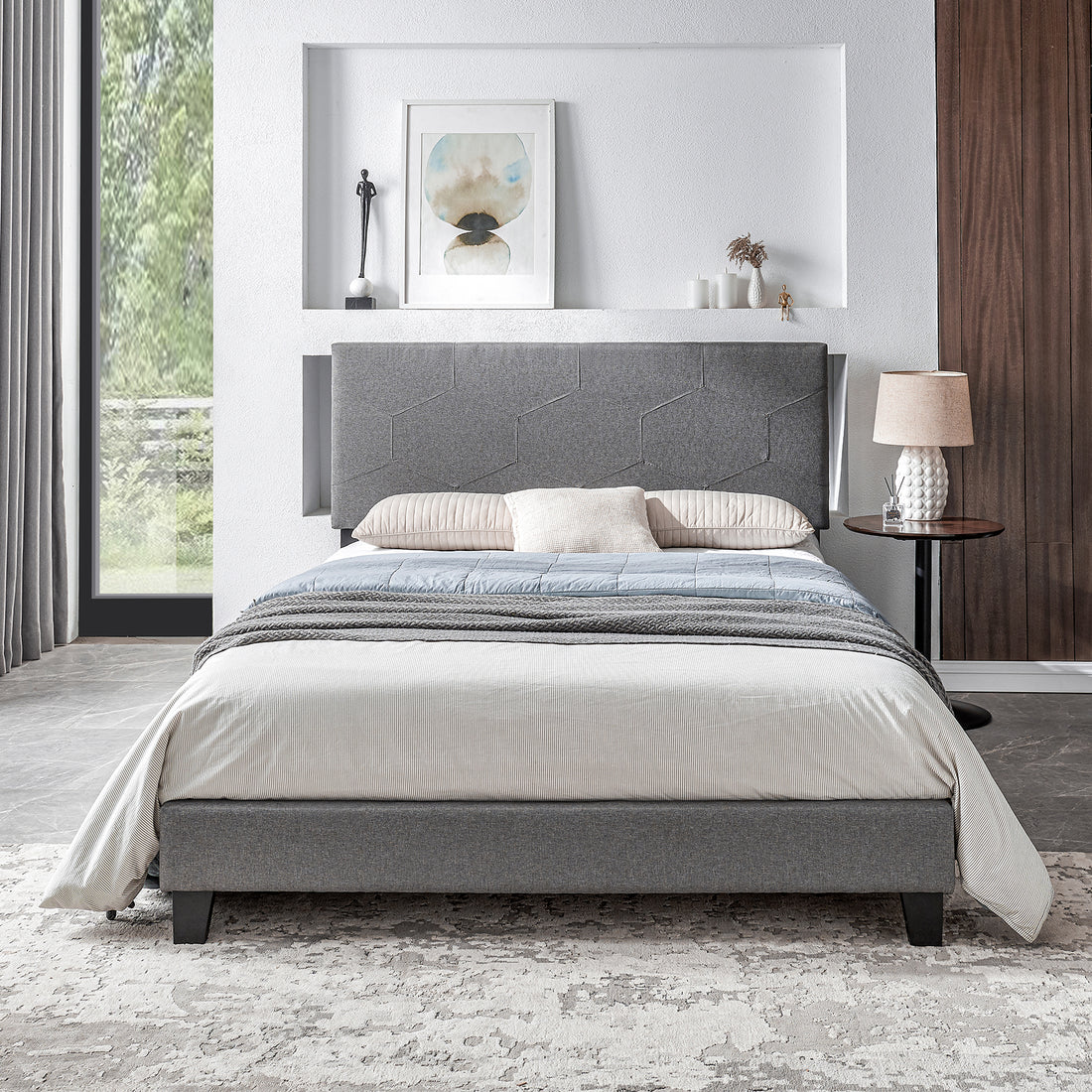 Queen Size Upholstered Platform Bed Frame ,Wood Slat Support, Easy Assembly,Grey Grey Linen