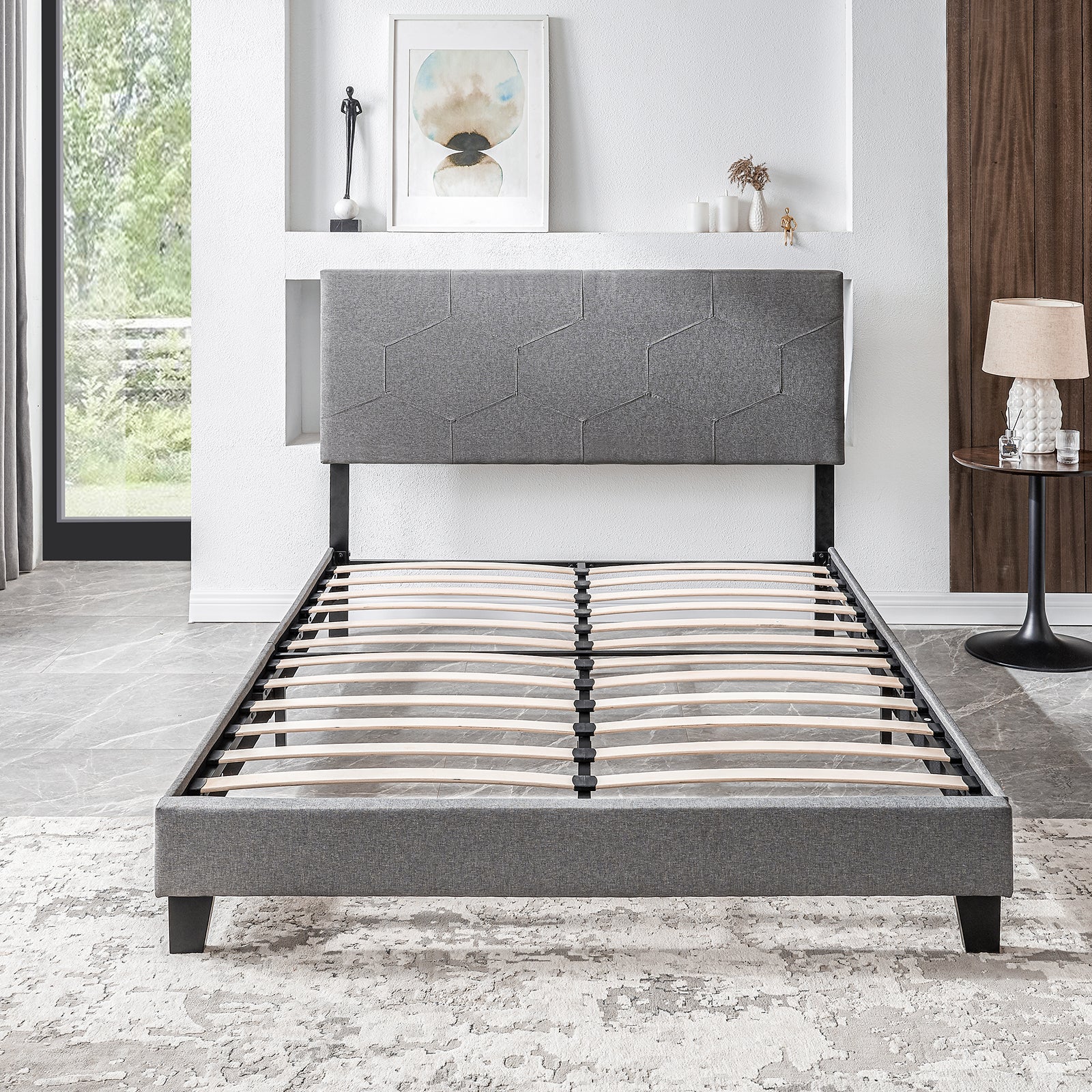 Queen Size Upholstered Platform Bed Frame ,Wood Slat Support, Easy Assembly,Grey Grey Linen