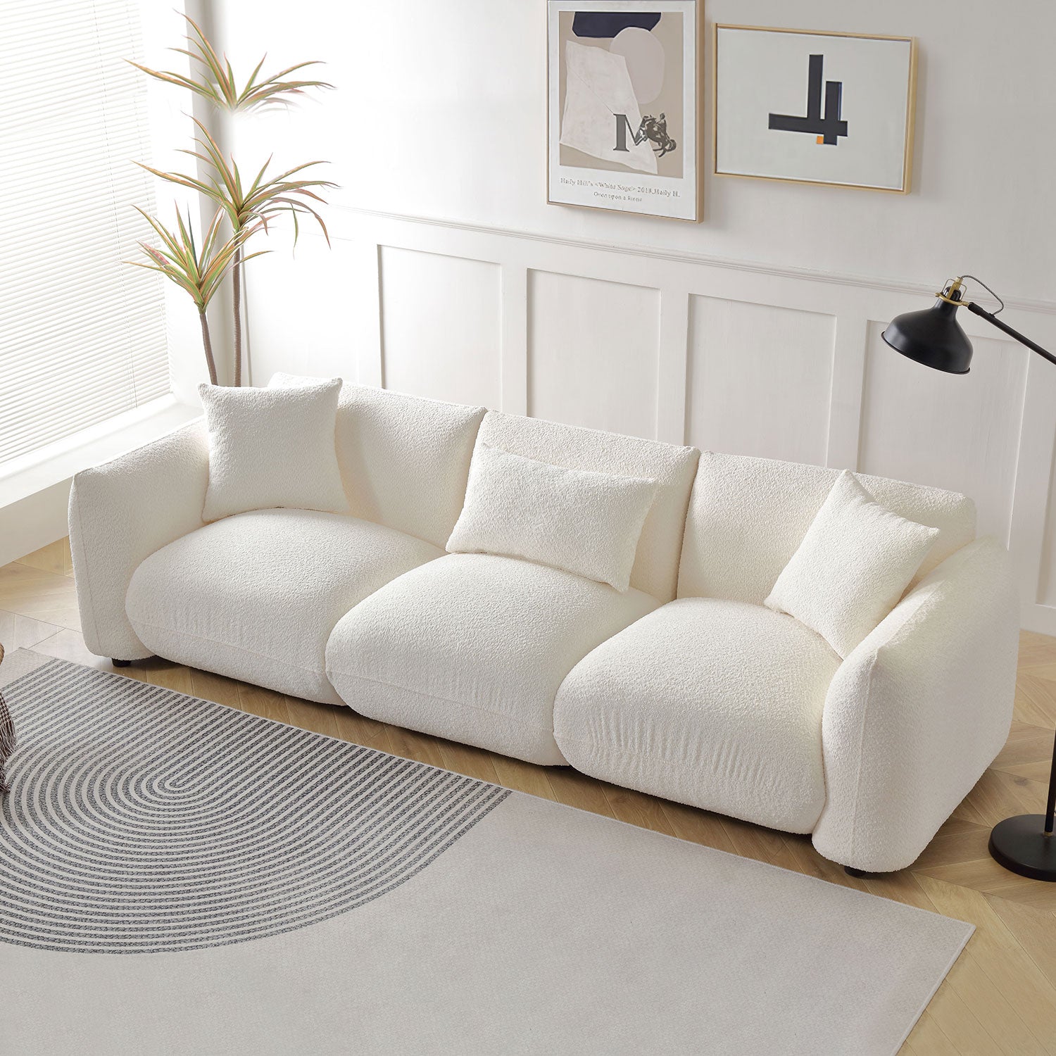 Mid Century Modern Couch 3 Seater Sofa Upholstered For Living Room, Bedroom, Beige Beige Boucle