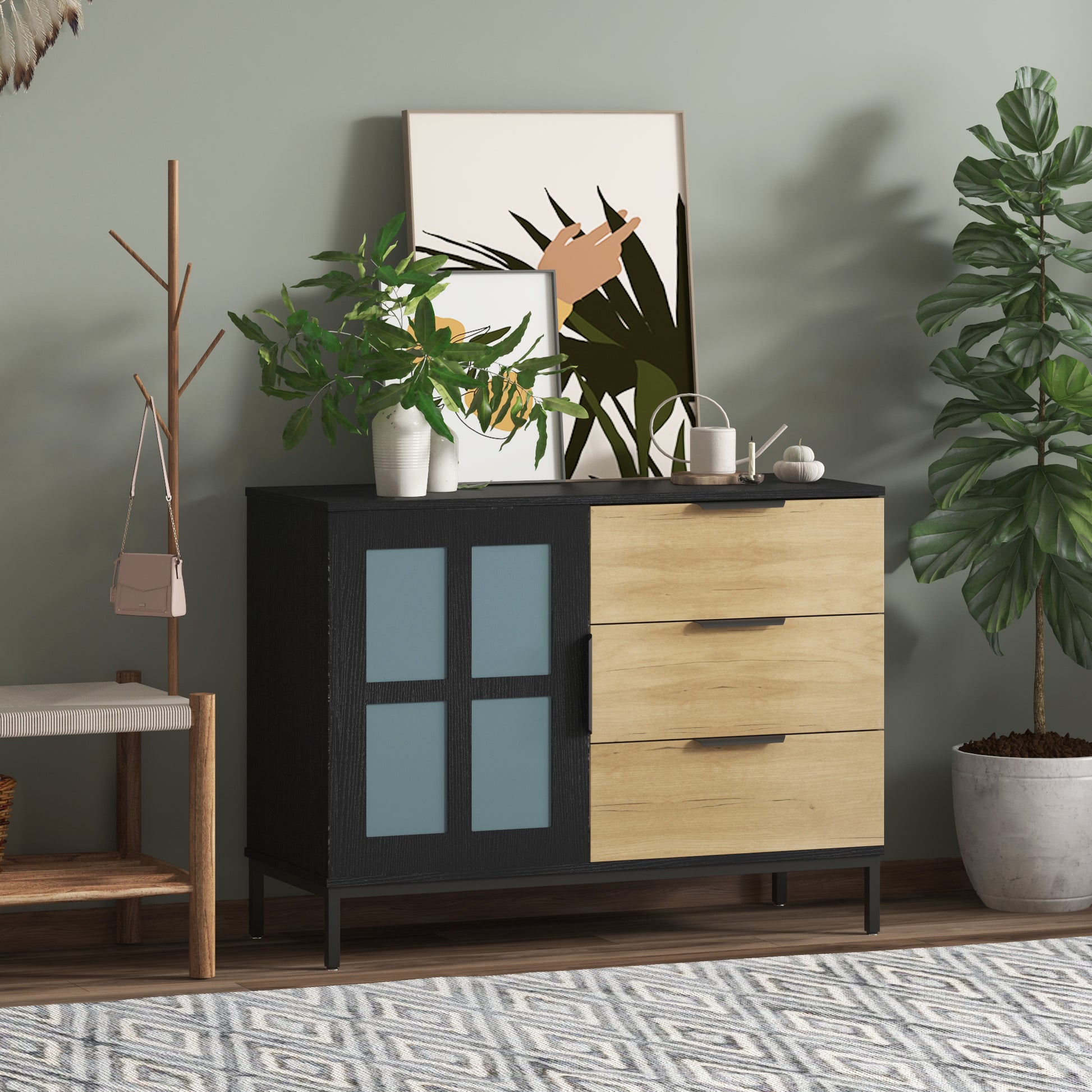 Dresser Cabinet Bar Cabinet Storge Cabinet Glass Door Side Cabinet Lockersembedded Metal Handle Can Be Placed In The Living Room, Bedroom, Dining Room, Black Brown 3 4 Drawers Black Brown Brown Primary Living Space Glass Doors Classic Foam Particle Board